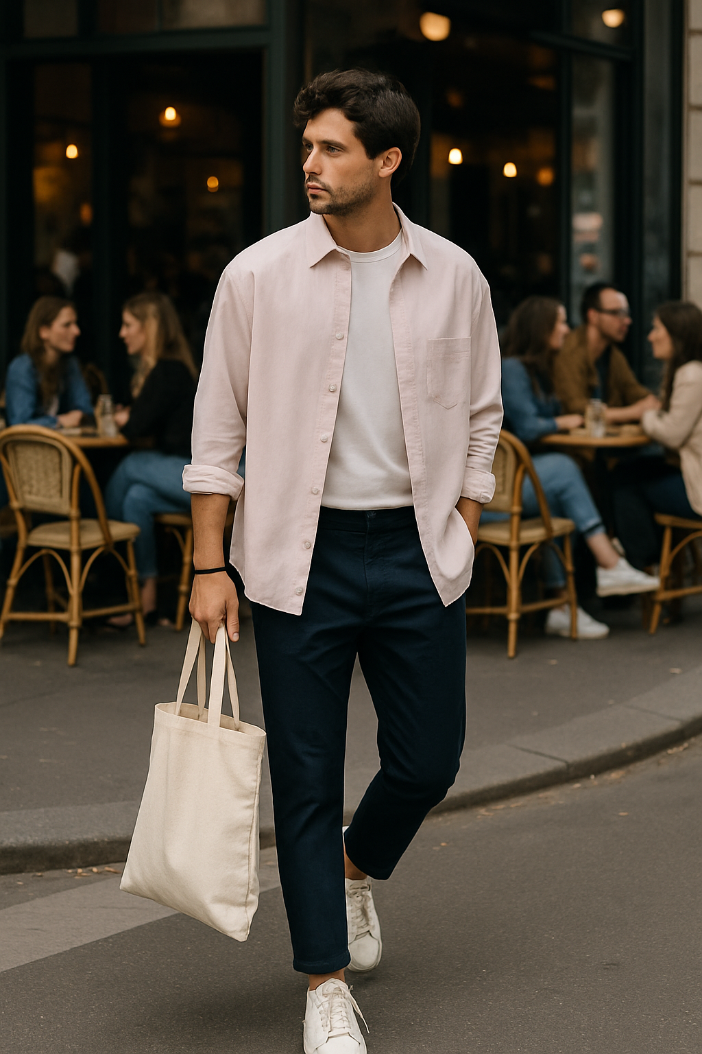 SKIPIKS AI 패션 화보 — minimalist, casual — 여유로운 연분홍 셔츠와 네이비 팬츠의 조화가 편안하면서도 세련된 무드를 연출해요. 흰색 스니커즈와 깔끔한 베이지 토트백으로 실용적이면서도 스타일