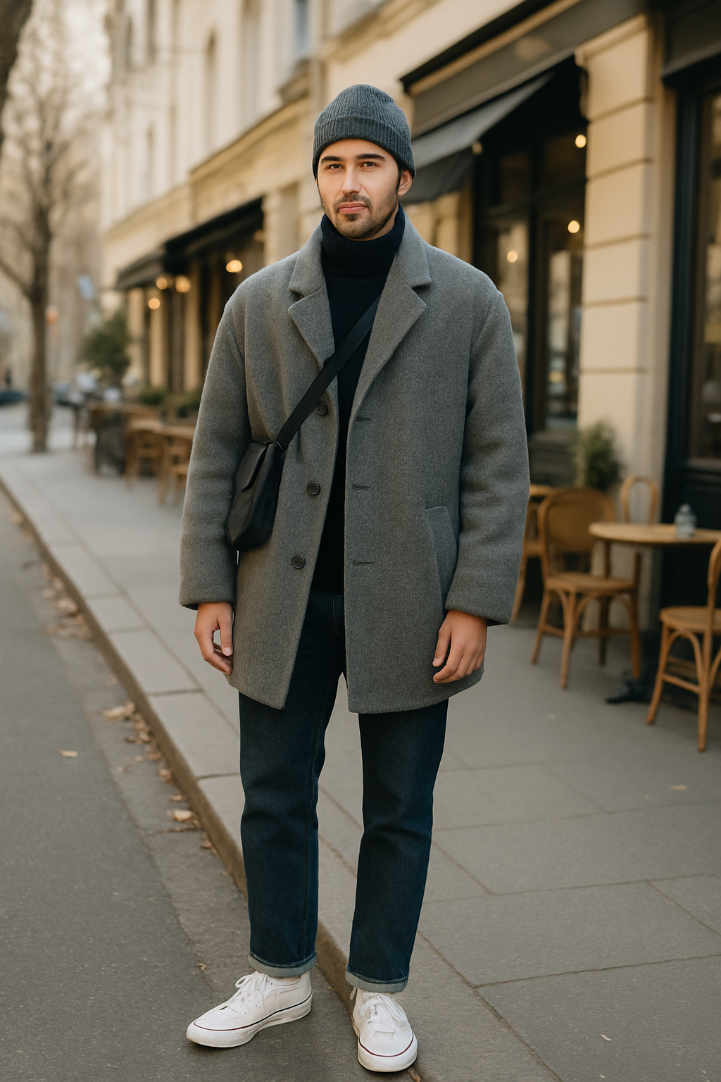 SKIPIKS AI 패션 화보 — minimalist, streetwear, casual — 회색 코트와 블랙 터틀넥으로 차분하며 세련된 무드를 연출해보세요. 깔끔한 데님 청바지와 화이트 스니커즈가 캐주얼한 포인트를 더해줍니다. 겨울철 