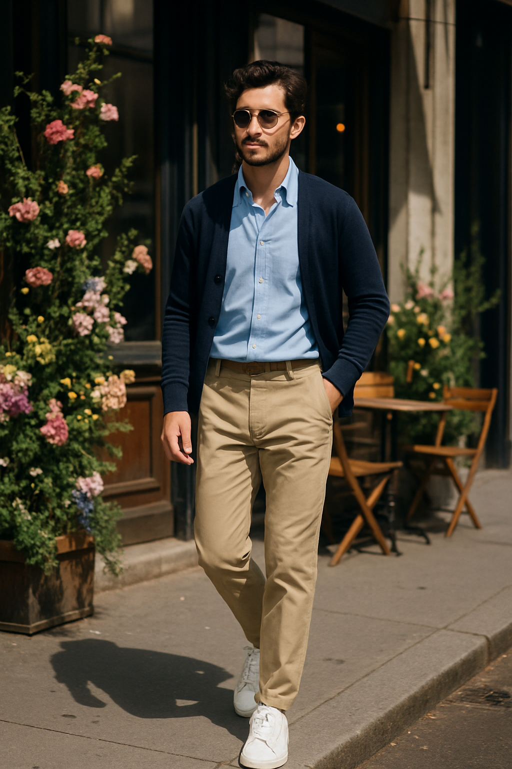SKIPIKS AI 패션 화보 — preppy, smart_casual — 이 룩은 세련된 네이비 가디건과 파란 셔츠의 조화로 깔끔하면서도 모던한 분위기를 자아냅니다. 베이지 치노 팬츠와 흰색 스니커즈를 매치해 손쉽게 