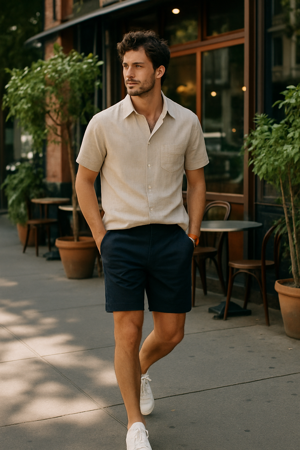SKIPIKS AI 패션 화보 — casual, minimalist — 베이지 컬러의 반팔 셔츠와 네이비 반바지가 여름의 산뜻한 무드를 연출해보세요. 화이트 스니커즈와 같은 심플한 아이템으로 데일리룩을 완성할 수 있