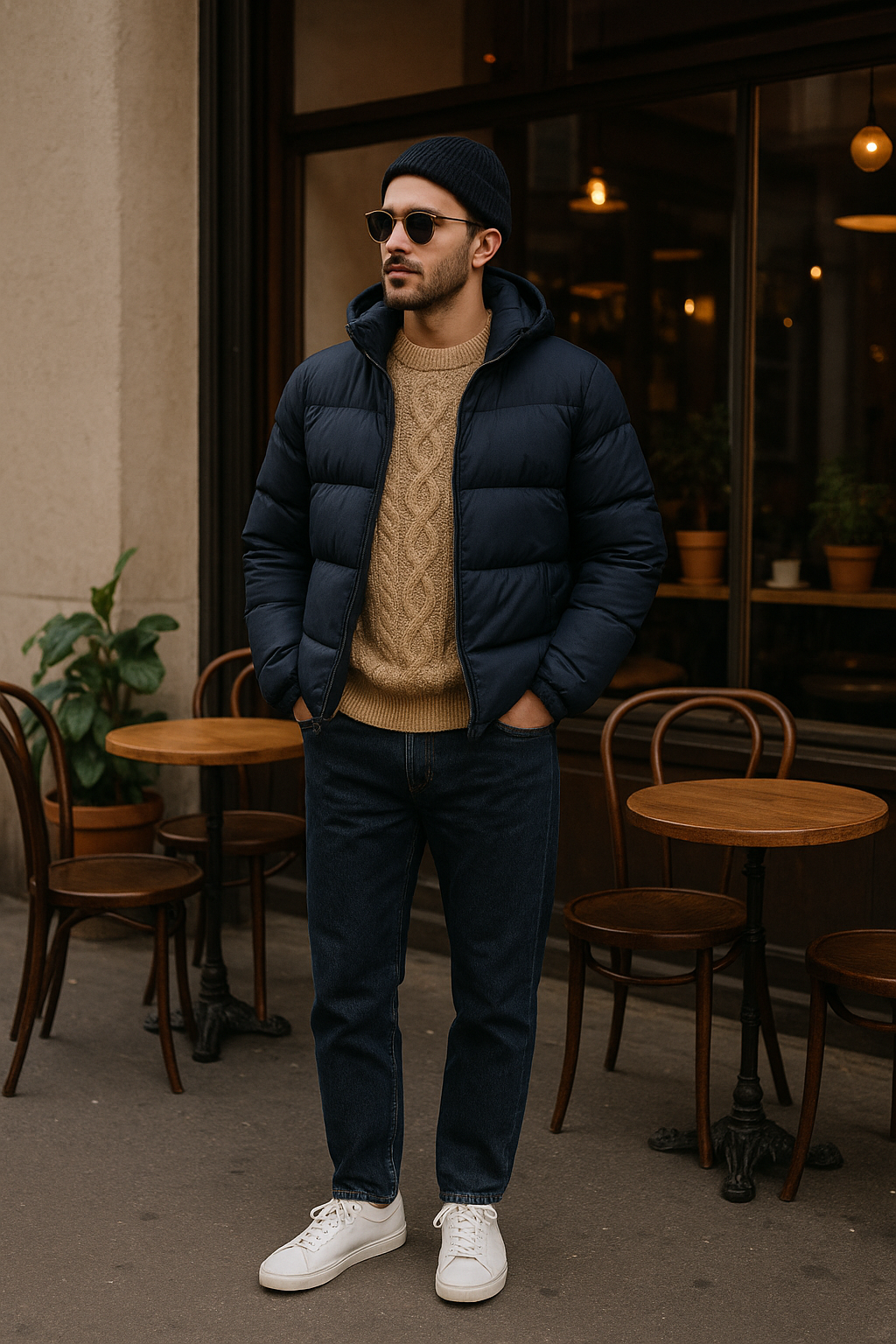 SKIPIKS AI 패션 화보 — casual, streetwear — 네이비 패딩과 따뜻한 베이지 톤의 니트가 조화롭게 어우러진 캐주얼한 겨울 스타일입니다. 진청 데님에 깔끔한 화이트 스니커즈로 간편하면서도 세련된