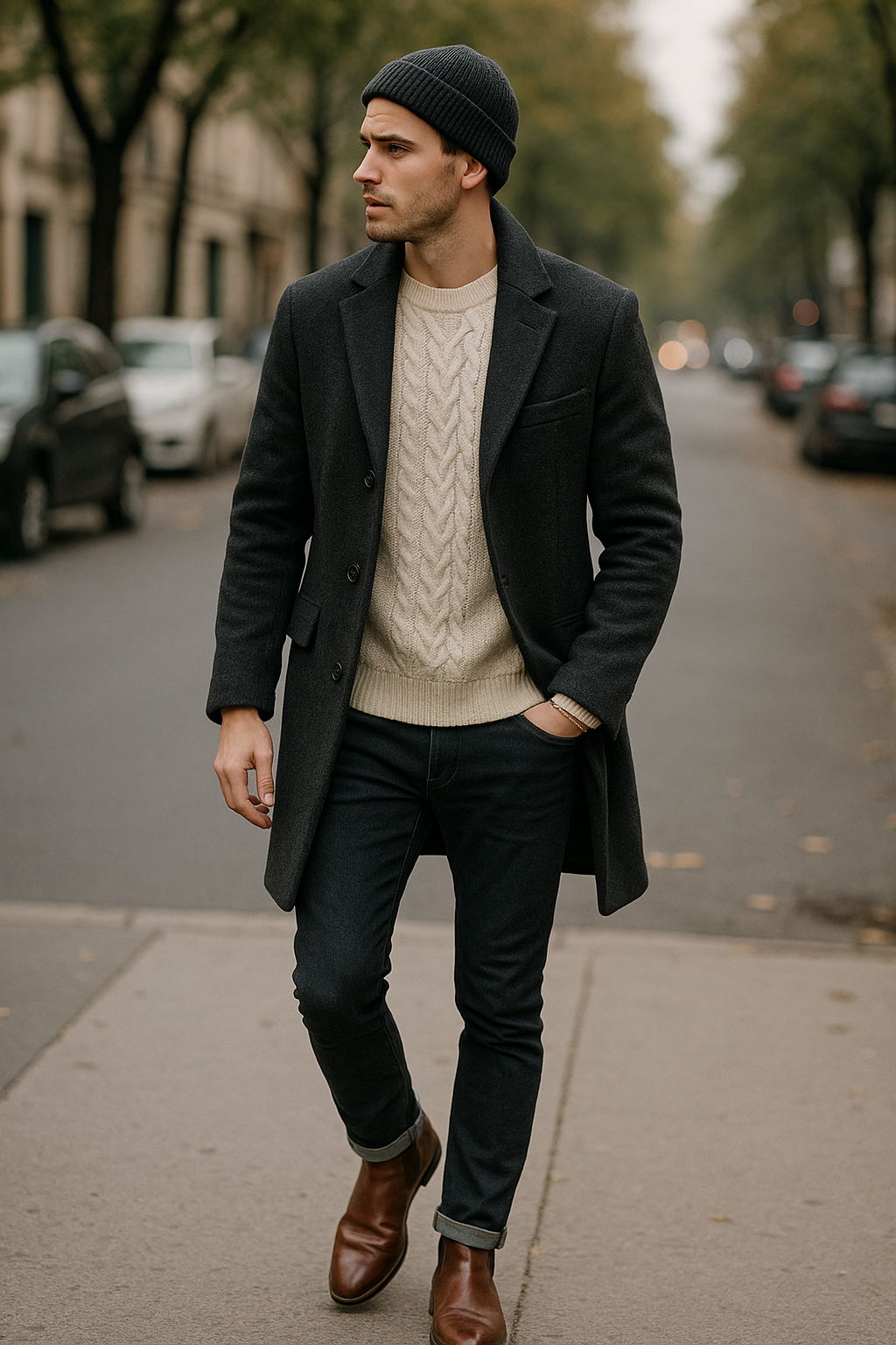 SKIPIKS AI 패션 화보 — smart_casual, sophisticated — 짙은 회색 코트와 크림색 니트가 우아하고 고급스러운 무드를 자아내는 룩이에요. 청바지와 갈색 첼시 부츠로 클래식한 매력을 더해보세요. 비니 모자