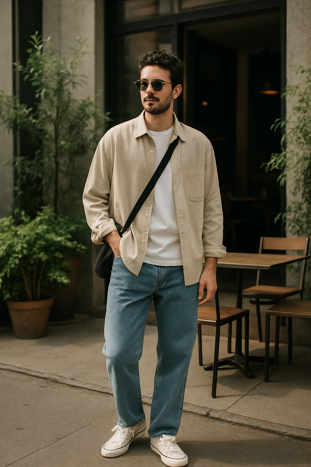 SKIPIKS AI 패션 화보 — casual, minimalist — 베이지 셔츠와 화이트 티셔츠의 조화가 편안한 분위기를 연출해요. 깔끔한 블루 청바지와 문리브 스니커즈로 캐주얼한 느낌을 강조해보세요. 가벼운 외