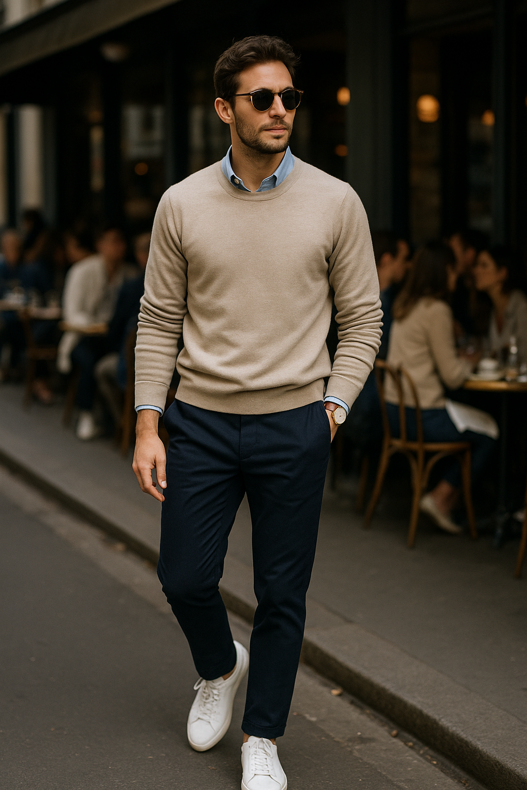 SKIPIKS AI 패션 화보 — smartcasual, minimalist, chic — 베이지 스웨터와 하늘색 셔츠의 조화가 깔끔하고 도시적인 무드를 완성해 줍니다. 네이비 슬랙스와 화이트 스니커즈로 경쾌함을 더하며, 시계와 선글라