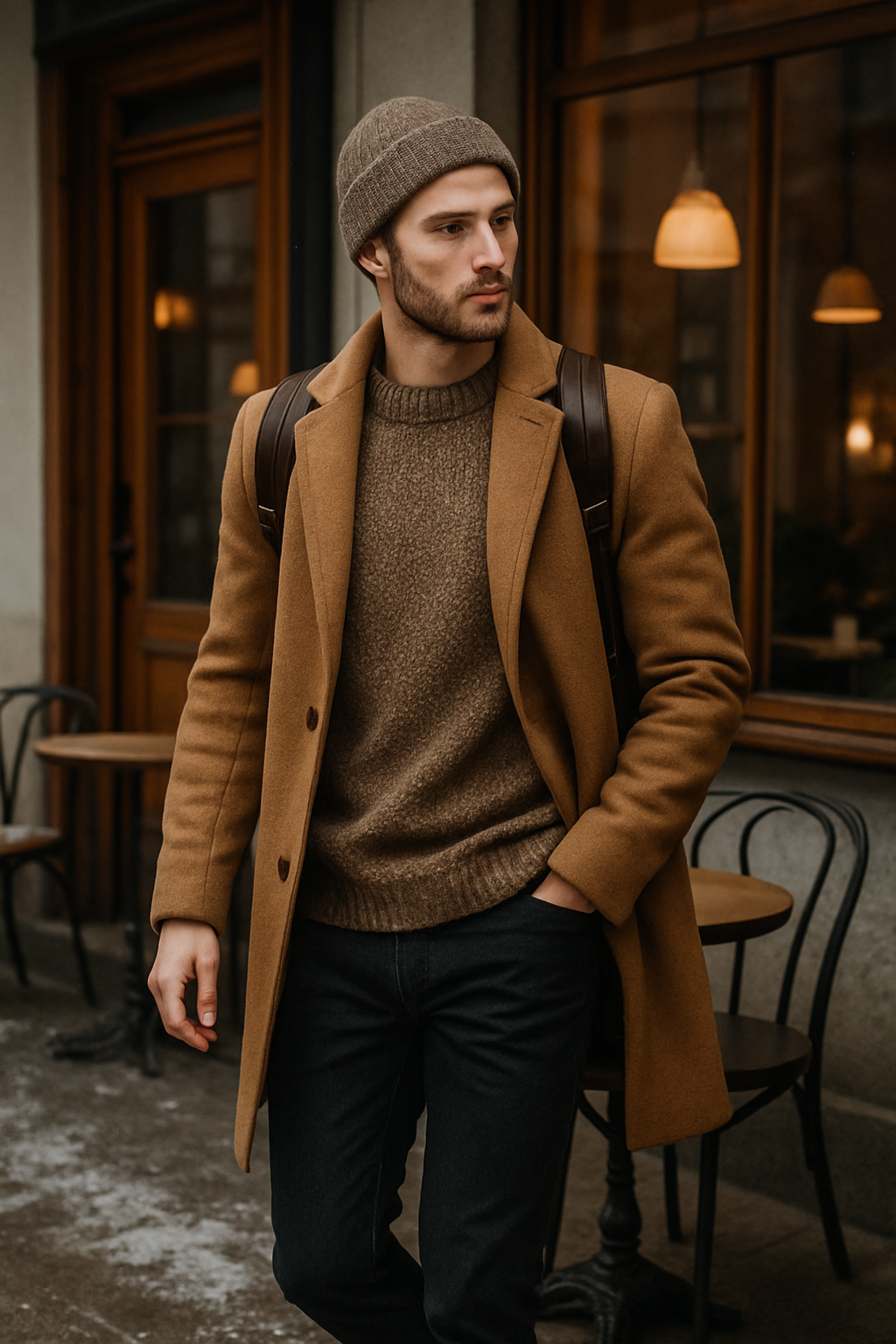 SKIPIKS AI 패션 화보 — casual, minimalist — 따뜻한 브라운 톤의 코트와 니트 스웨터가 어우러진 클래식한 겨울 룩이에요. 간단한 청바지와 비니를 매치하여 자연스럽고 편안한 스타일을 추천해요.