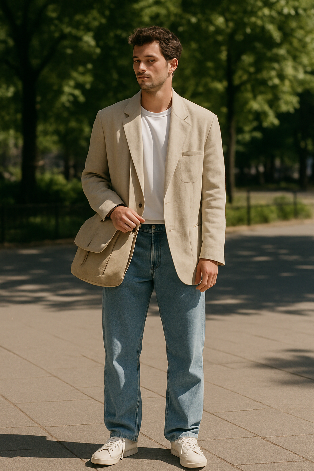 SKIPIKS AI 패션 화보 — casual, minimalist — 베이지 블레이저와 청바지의 조합이 자연스러우면서도 세련된 무드를 연출해요. 흰색 티셔츠와 스니커즈로 산뜻한 느낌을 더해주면 일상에서 편안하게 스