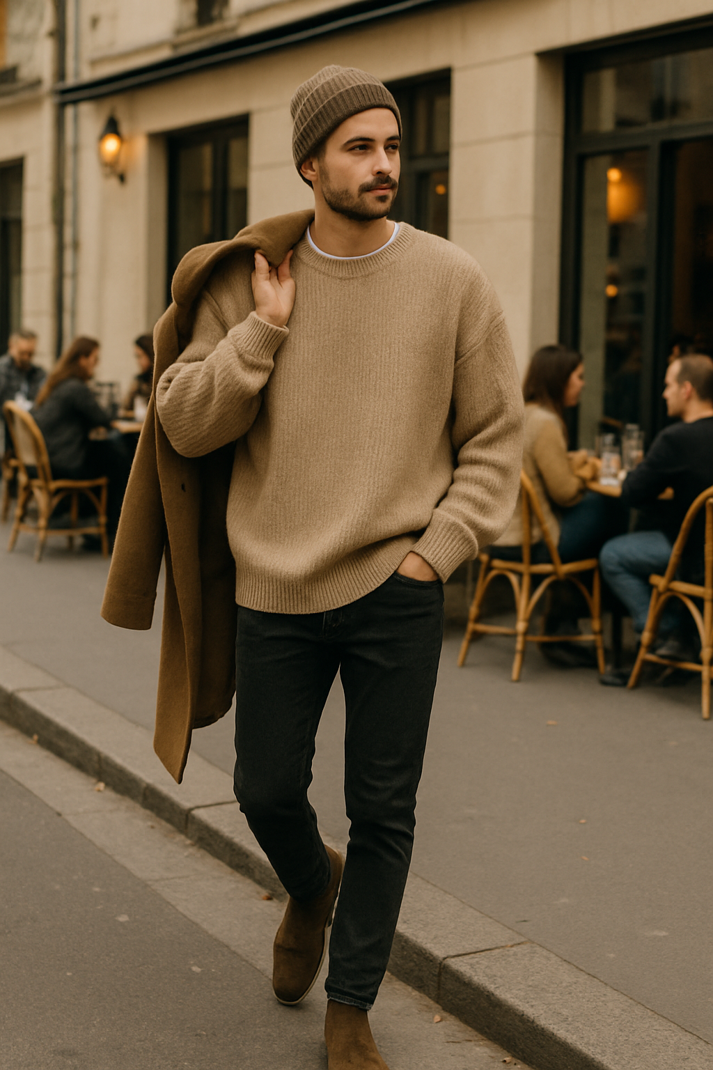 SKIPIKS AI 패션 화보 — casual, chic — 따뜻한 베이지 컬러의 니트 스웨터가 편안하면서 세련된 느낌을 주네요. 슬림한 블랙 진과 깔끔한 라인의 앵클 부츠가 어우러져 시크한 가을 룩이 완