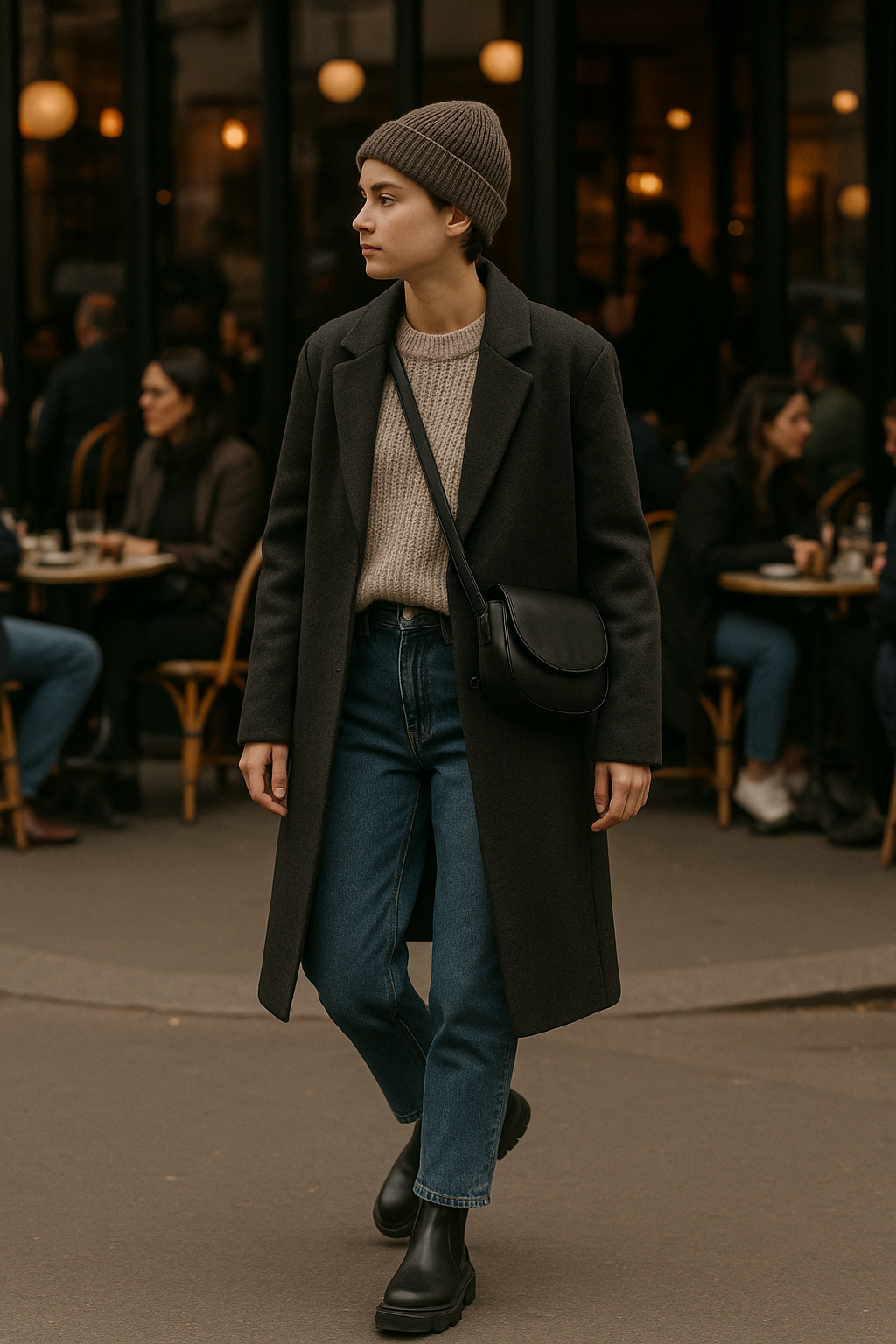 SKIPIKS AI 패션 화보 — minimalist, streetwear — 차분한 컬러 조합의 이 룩은 미니멀하면서도 세련된 분위기를 연출합니다. 베이직한 스웨터와 청바지에 다크 그레이 코트를 매치해 심플하면서도 멋스러