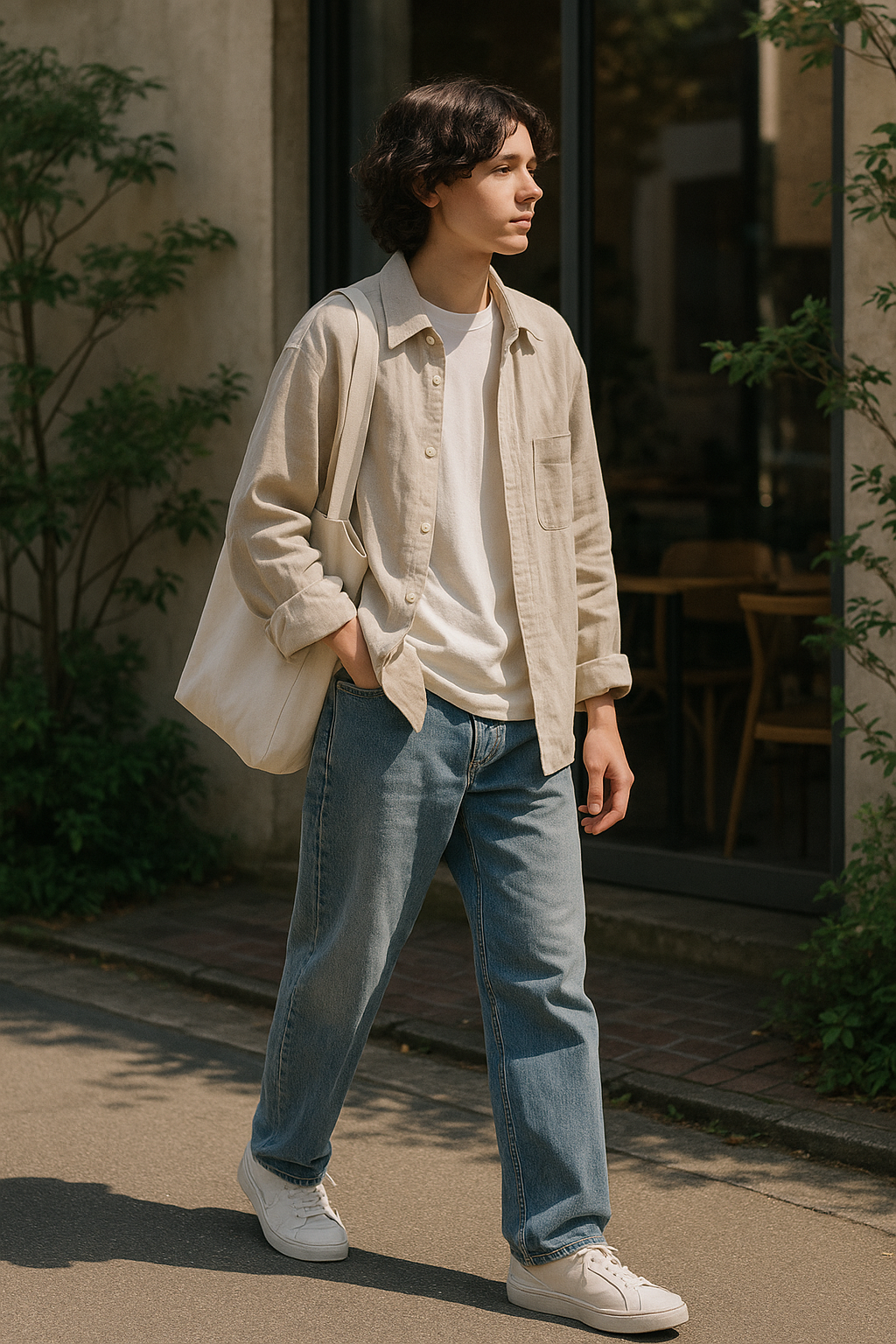 SKIPIKS AI 패션 화보 — minimalist, casual — 자연스러운 베이지 톤의 셔츠와 청바지 조합으로 여유로운 분위기를 연출해보세요. 흰색 스니커즈와 아이보리 토트백으로 편안함을 더하며, 어디서든 쉽