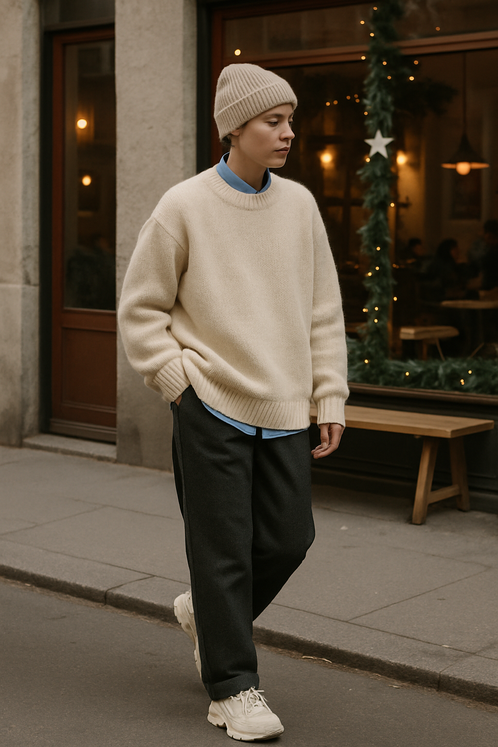 SKIPIKS AI 패션 화보 — minimalist, casual — 부드러운 크림색 스웨터와 블루 셔츠가 조화된 따뜻한 겨울 룩입니다. 네이비 팬츠와 화이트 스니커즈로 편안한 캐주얼 룩을 완성해보세요. 겨울철 데