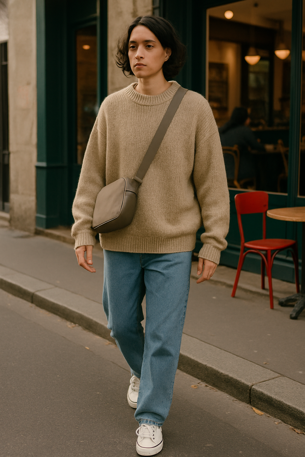 SKIPIKS AI 패션 화보 — casual, minimalist — 베이지 니트 스웨터와 블루 진의 조화가 부드러운 느낌을 줍니다. 크로스백과 흰색 운동화를 매치해 일상에서 활용도 높은 스타일을 추천해요. 가을철