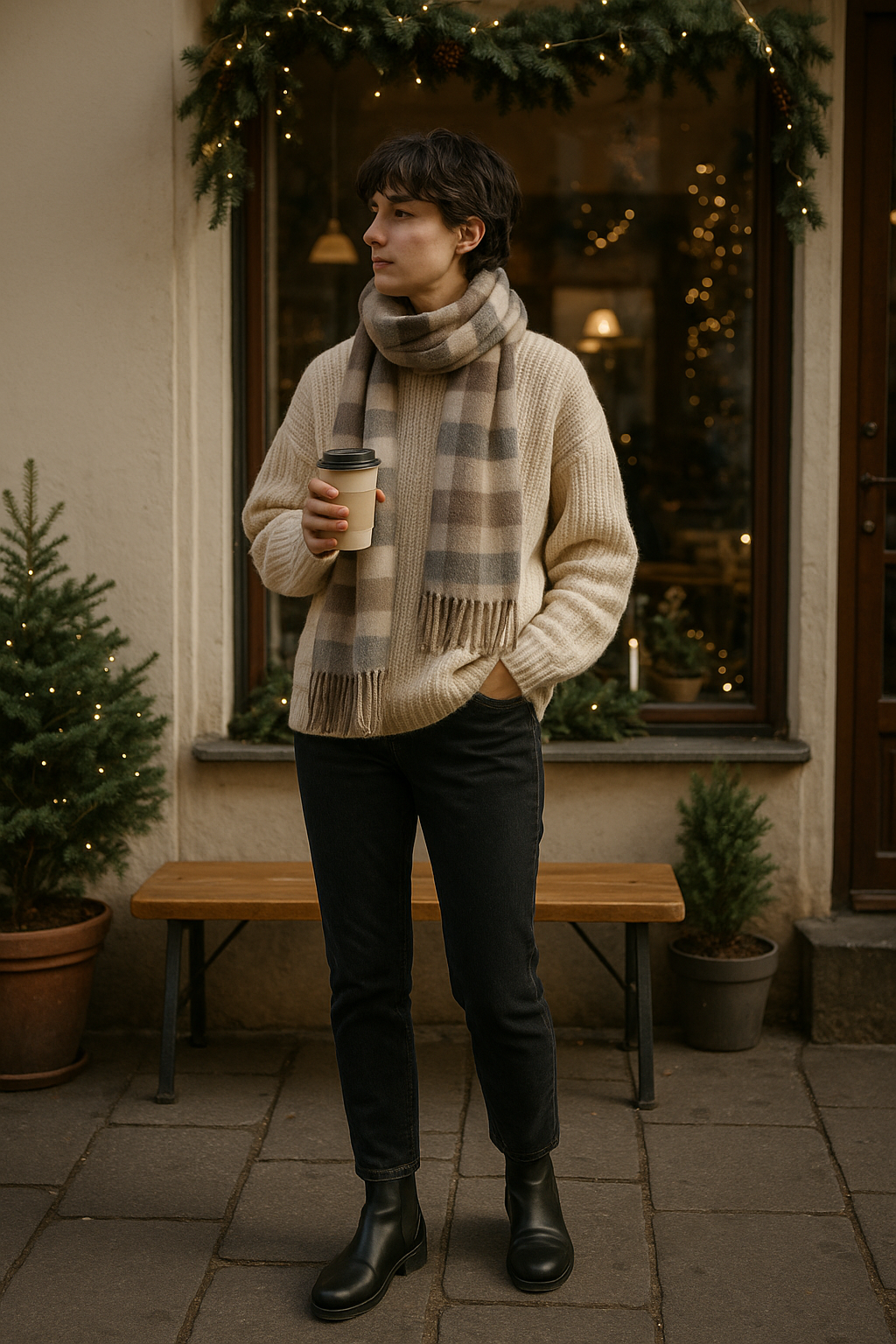 SKIPIKS AI 패션 화보 — casual, cozy, vintage — 베이지 니트와 체크 패턴 머플러의 조화가 따뜻하면서도 감각적인 무드를 더해줍니다. 여기에 검정 컬러의 첼시 부츠로 포인트를 더해 세련된 감성을 