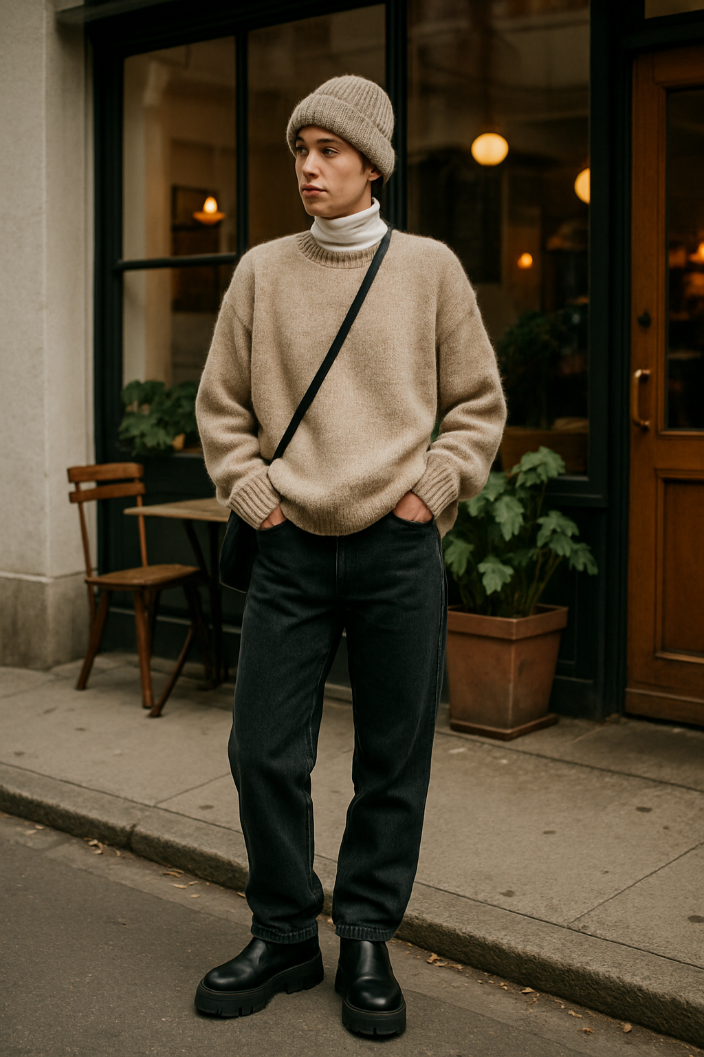 SKIPIKS AI 패션 화보 — minimalist, streetwear — 베이지 니트 스웨터와 비니로 따뜻하면서 차분한 느낌이 돋보이는 룩이에요. 블랙 청바지와 첼시 부츠로 깔끔한 실루엣을 연출해보세요. 가벼운 외출이