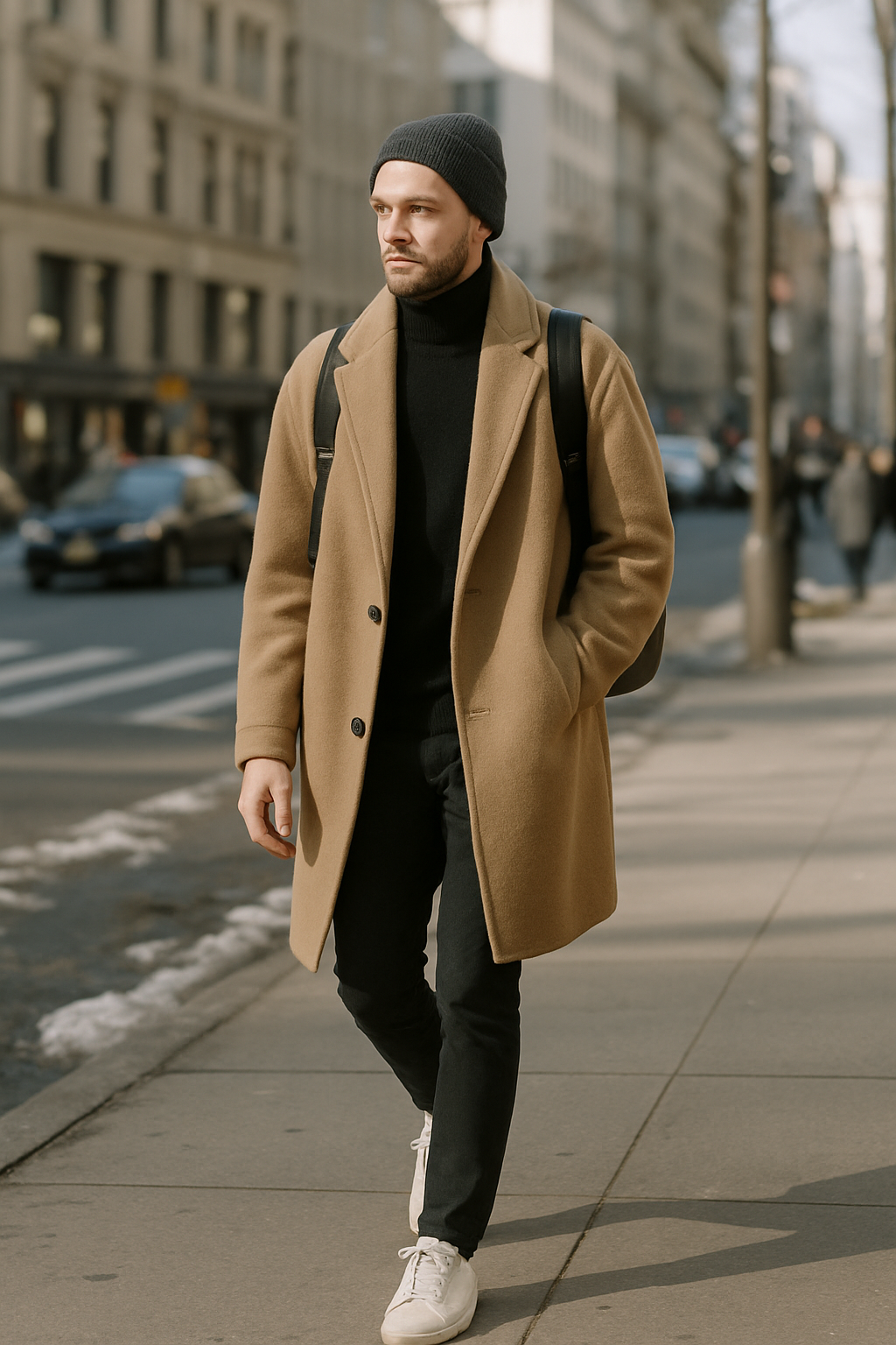 SKIPIKS AI 패션 화보 — minimalist, casual — 미니멀하고 따뜻한 무드의 베이지 코트와 블랙 아이템들로 조화롭게 완성된 룩입니다. 블랙 니트를 이너웨어로 매치하고, 화이트 스니커즈로 경쾌한 포