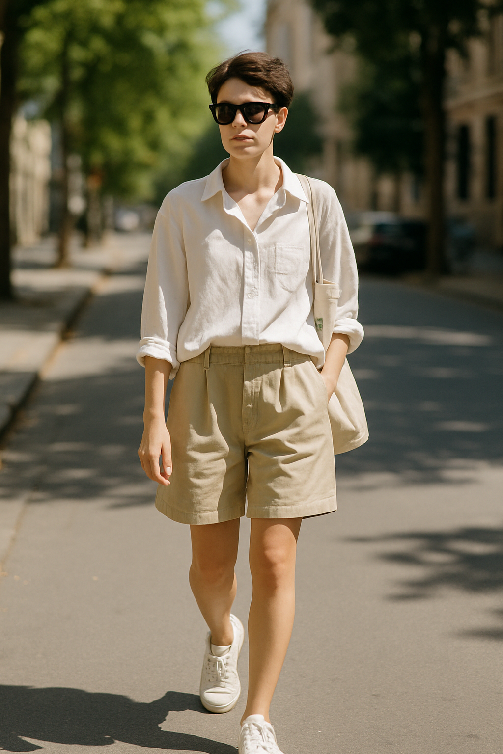 SKIPIKS AI 패션 화보 — minimalist, casual — 넉넉한 화이트 셔츠와 베이지 반바지가 조화를 이루며, 여름의 캐주얼한 무드를 연출합니다. 포인트 아이템으로 심플한 스니커즈와 블랙 선글라스를 매