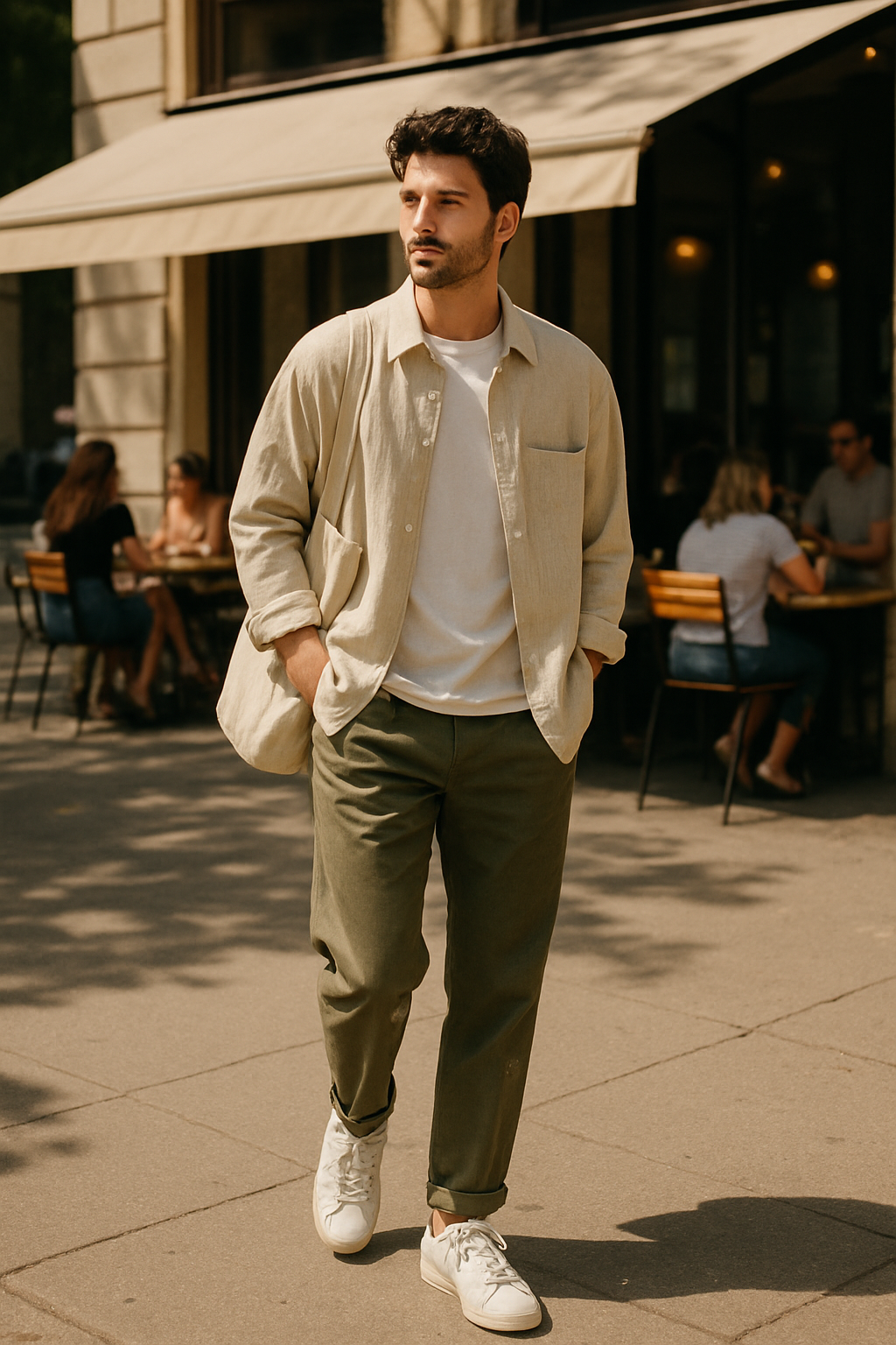 SKIPIKS AI 패션 화보 — minimalist, streetwear — 베이지와 카키 색상의 조화가 돋보이는 미니멀하면서도 세련된 스타일이에요. 흰색 티셔츠와 운동화를 매치해 깔끔하고 실용적인 느낌을 줍니다. 데일리