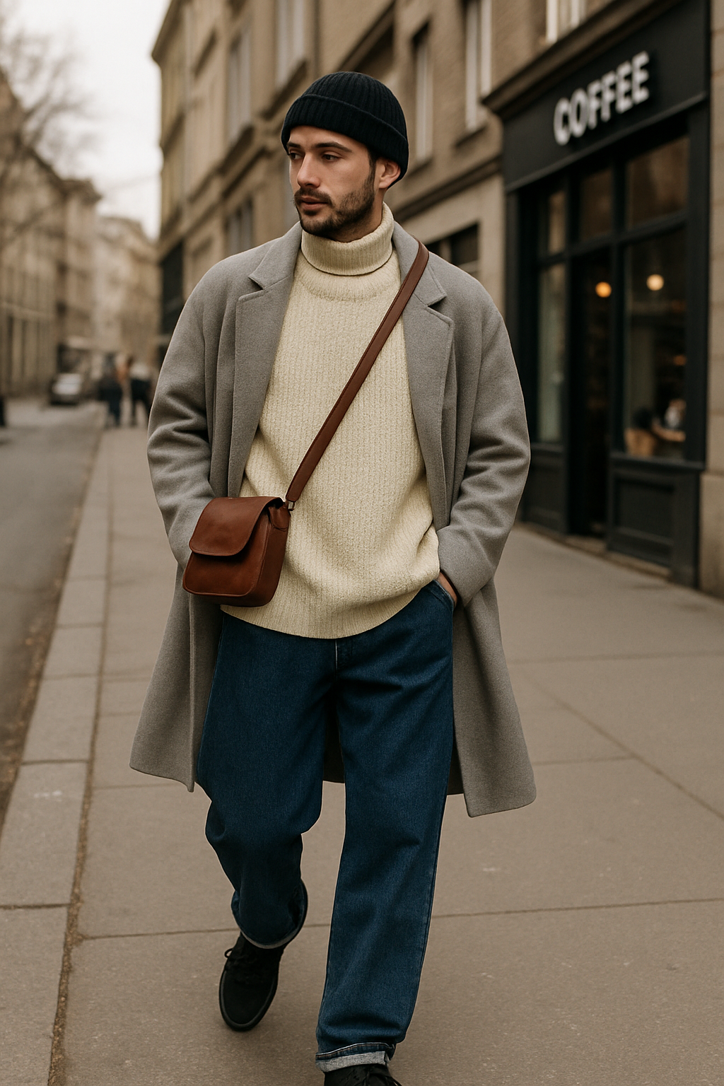 SKIPIKS AI 패션 화보 — minimalist, urban, casual — 따뜻한 니트와 회색 코트가 어우러져 도시적인 무드를 연출해보세요. 청바지와 크로스백을 매치하면 더욱 캐주얼하고 실용적인 스타일이 완성됩니다. 이