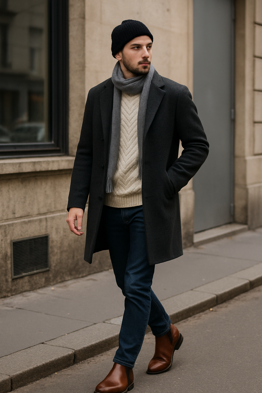 SKIPIKS AI 패션 화보 — classic, casual — 차콜 그레이 코트와 베이지 니트가 조화롭게 어우러져 따뜻하고 클래식한 겨울 무드를 연출해보세요. 네이비 청바지와 브라운 부츠로 차분한 분위기를 
