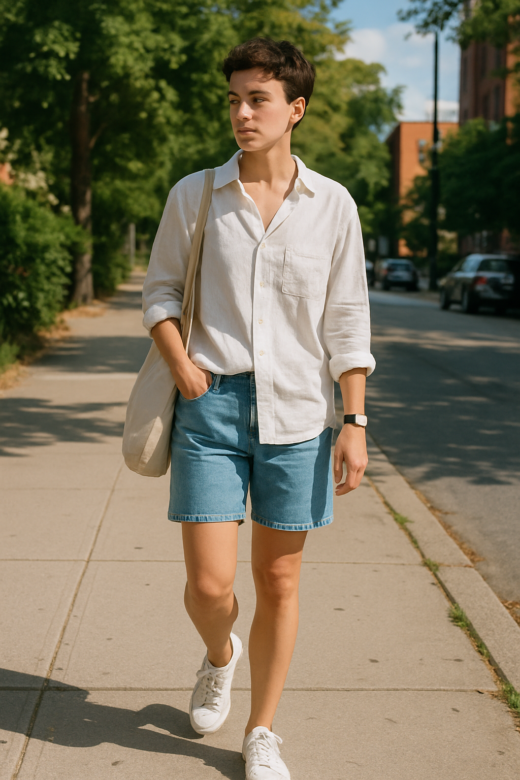 SKIPIKS AI 패션 화보 — minimalist, casual — 화이트 셔츠와 블루 데님 반바지로 청량하고 캐주얼한 무드를 연출했어요. 에코백과 화이트 스니커즈가 일상적인 스타일링에 편안함을 더해주며, 손목시