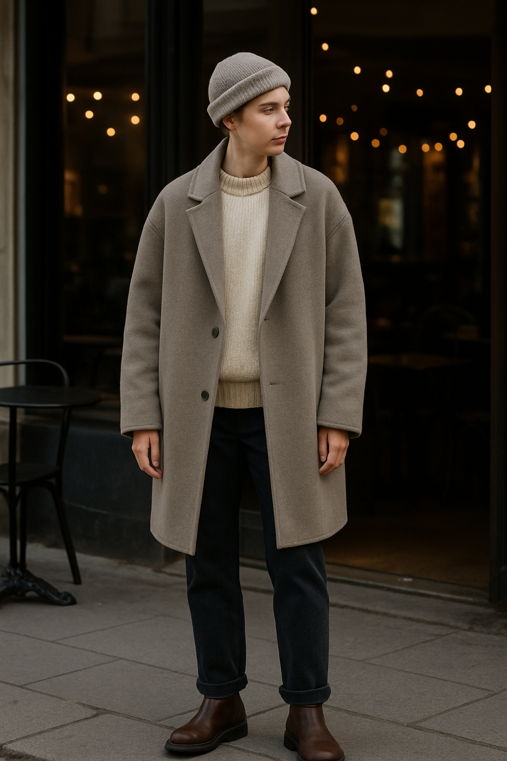 SKIPIKS AI 패션 화보 — minimalist, casual, cozy — 편안하면서도 세련된 느낌을 주는 오버사이즈 베이지 코트가 돋보이는 룩입니다. 크림색 니트와 네이비 청바지로 캐주얼하게 매치하면 멋스러운 데일리 