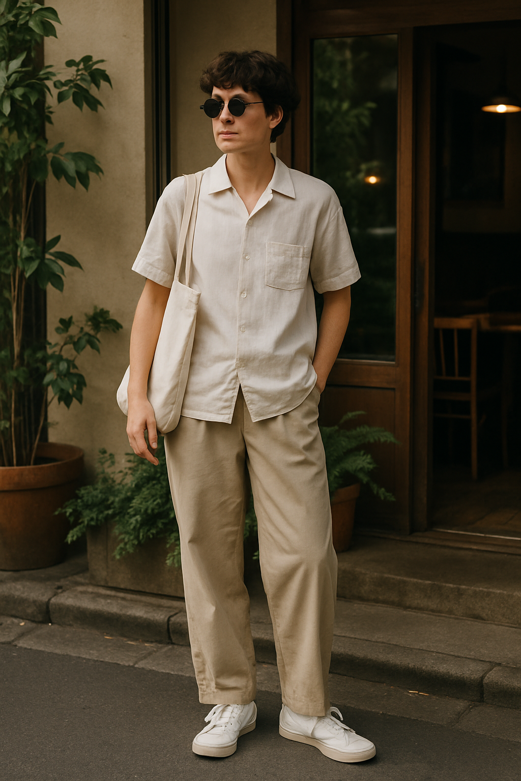 SKIPIKS AI 패션 화보 — minimalist, casual — 네츄럴 톤의 셔츠와 바지 조합이 시원하고 가벼운 느낌을 줍니다. 에코백과 화이트 스니커즈를 매치해 깔끔한 여름 데일리 룩을 완성할 수 있어요. 