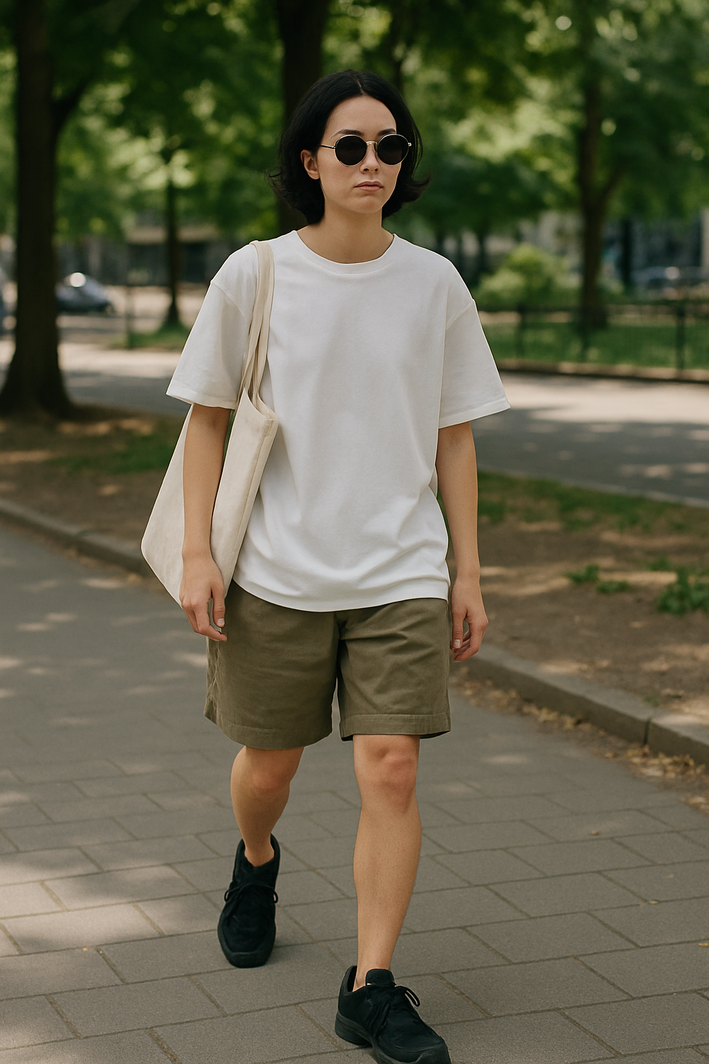 SKIPIKS AI 패션 화보 — minimalist, streetwear, casual — 화이트 티셔츠와 카키 반바지가 조화를 이루며 휴식과 스타일을 동시에 잡은 캐주얼 룩이에요. 검정 운동화와 선글라스로 여유로운 무드를 더해보세요.