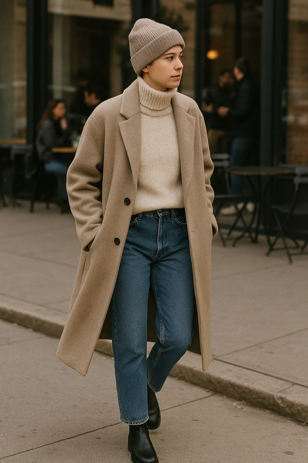 SKIPIKS AI 패션 화보 — minimalist, casual — 베이지와 크림 톤의 조화가 따뜻한 겨울 느낌을 연출합니다. 터틀넥 스웨터와 롱 코트가 매력적인 레이어링을 완성합니다. 데일리 외출 룩으로 추천해