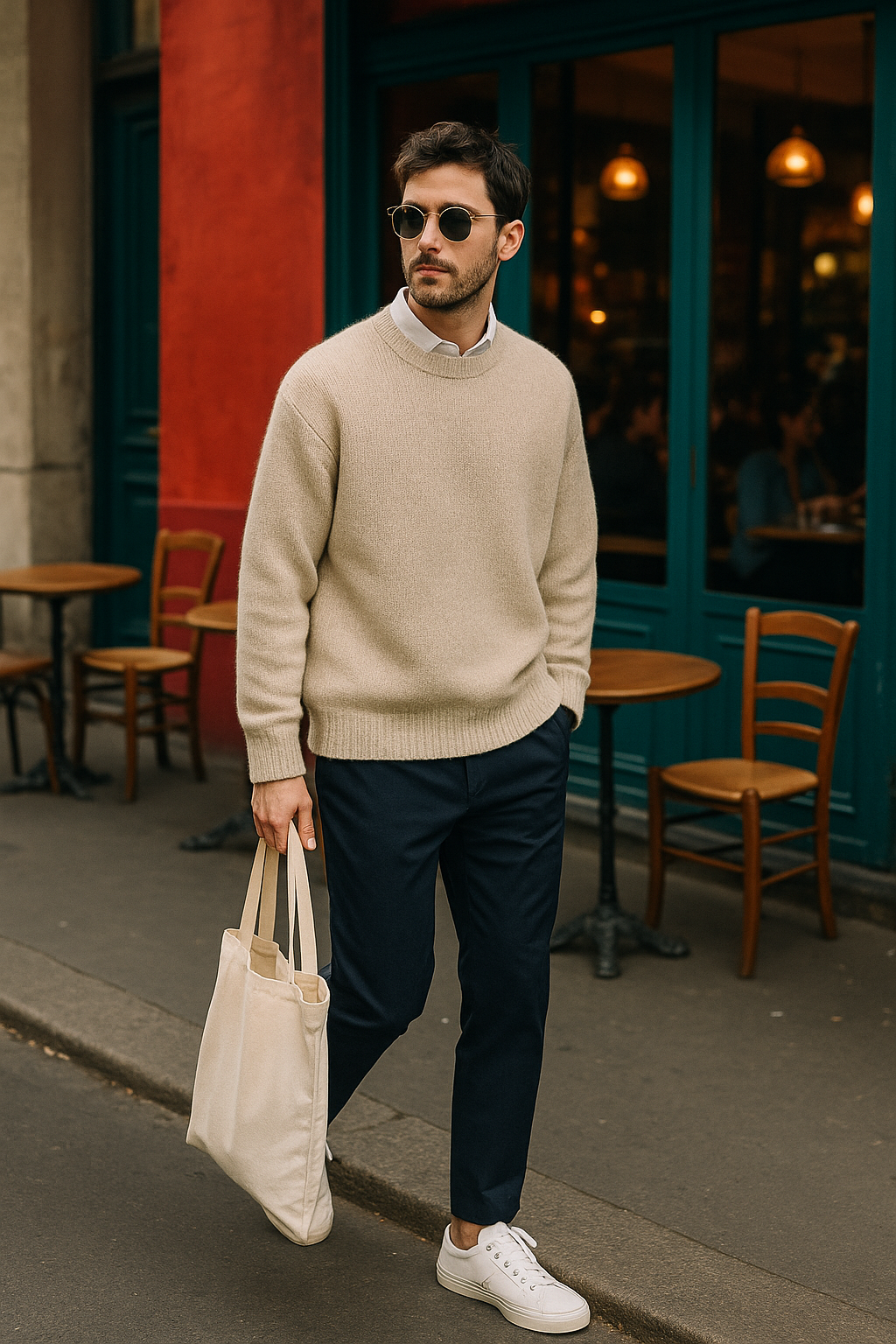 SKIPIKS AI 패션 화보 — minimalist, casual — 베이지 색상의 니트 스웨터가 부드러운 느낌을 주며, 네이비 슬랙스와의 조화로 클래식한 무드를 연출해보세요. 가벼운 아이보리 토트백과 화이트 스니