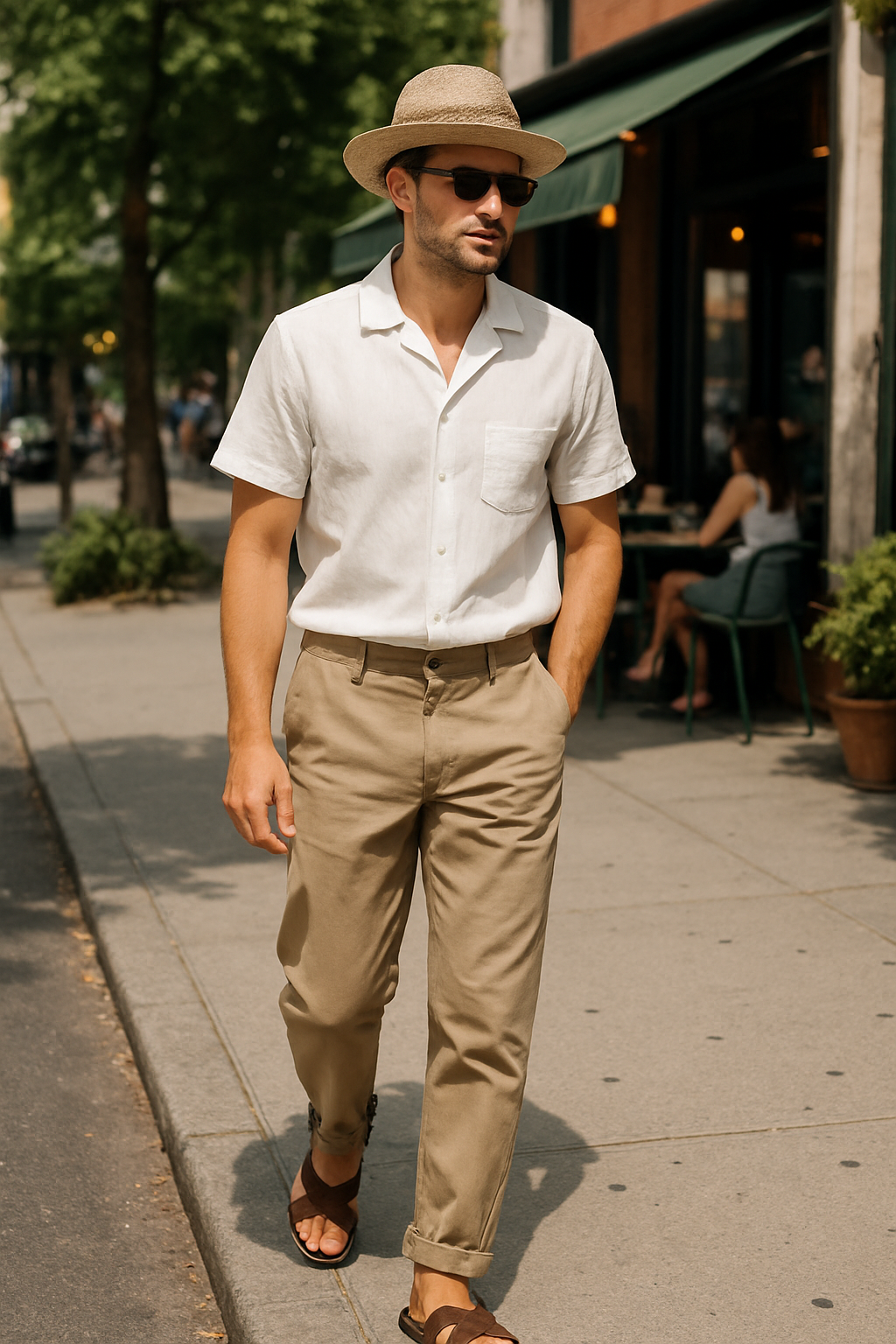 SKIPIKS AI 패션 화보 — minimalist, casual — 깔끔한 화이트 셔츠와 카키 팬츠가 여름의 시원함을 전합니다. 모자와 선글라스를 매치해 무드를 한층 업그레이드해보세요. 일상 속 데일리 룩으로도,