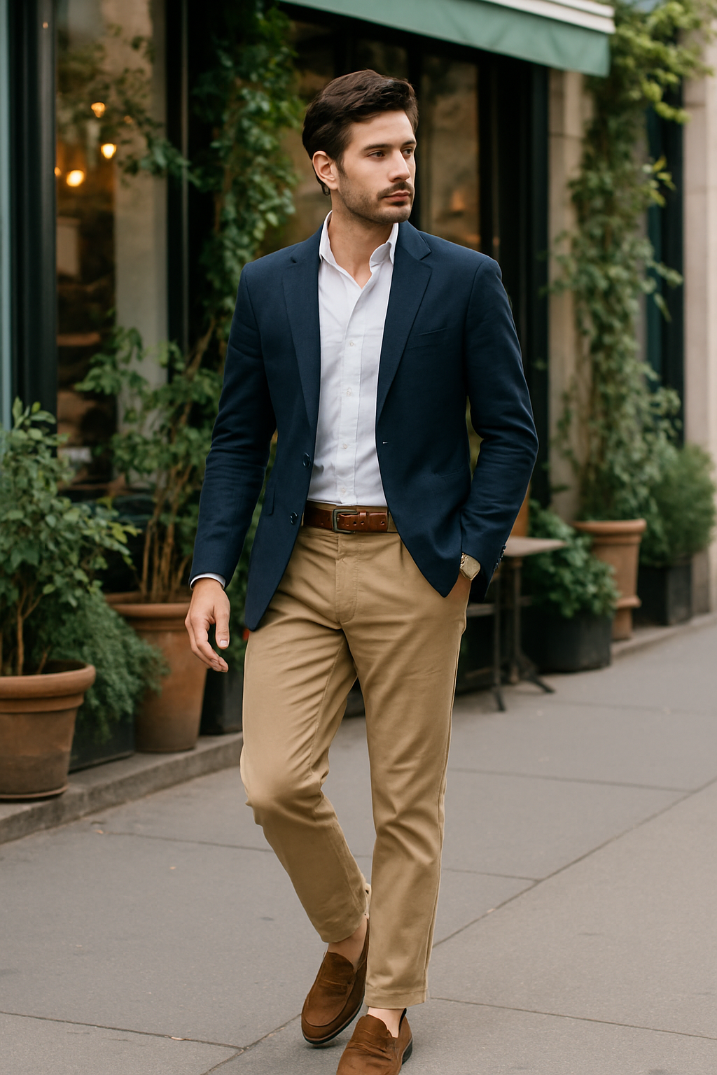 SKIPIKS AI 패션 화보 — smartcasual, business — 차분한 남색 블레이저와 베이지 치노 팬츠의 조화는 우아하면서도 모던한 무드를 연출해 보세요. 이 룩은 화이트 셔츠와 브라운 로퍼와의 매치로 더욱