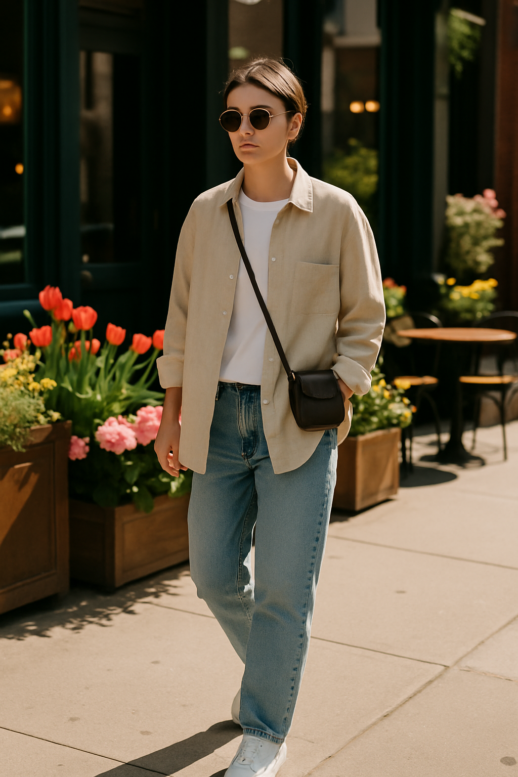 SKIPIKS AI 패션 화보 — casual, minimalist — 베이지 셔츠와 청바지의 조화가 편안하면서도 스타일리시한 무드를 연출해보세요. 심플한 악세서리와 깔끔한 스니커즈로 포인트를 더하면 완성도 높은 미