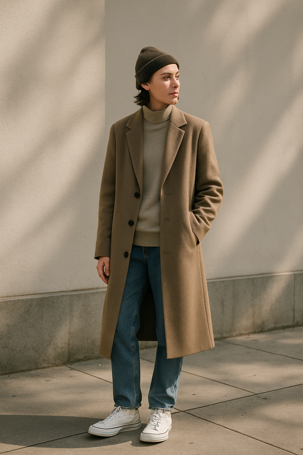 SKIPIKS AI 패션 화보 — minimalist, casual — 베이지와 브라운의 따뜻한 조합이 부드러운 인상을 주는 스타일이에요. 모던한 코트에 심플한 스니커즈를 매치하여 일상적이면서도 감각적인 룩이 완성됩