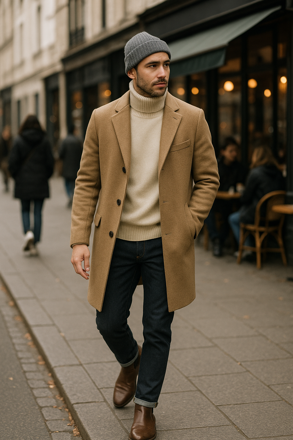 SKIPIKS AIファッション写真 — modern, casual, chic — 暖かいベージュのコートとクリーム色のタートルネックの組み合わせが洗練された都会的な男性の雰囲気を演出します。このルックはネイビーのジーンズとブラウンのブーツでモ