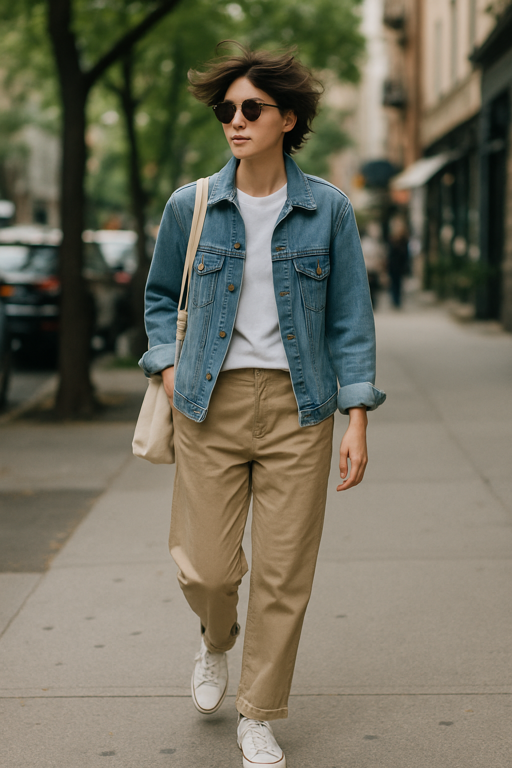 SKIPIKS AI 패션 화보 — casual, minimalist, streetwear — 데님 재킷과 베이지 팬츠의 조화가 눈에 띄는 캐주얼 룩입니다. 흰색 티셔츠와 스니커즈로 깔끔한 마무리를 하여 일상에서 편하게 입기 좋아요. 가벼
