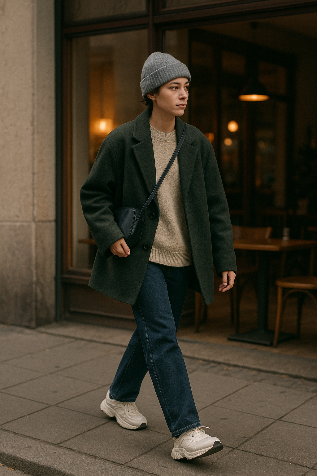SKIPIKS AIファッション写真 — urban, casual — ダークグリーンのコートとクリーム色のニットで、暖かく洗練された印象を演出しましょう。ネイビージーンズとホワイトスニーカーでクリーンなカジュアルスタイルを完成させ