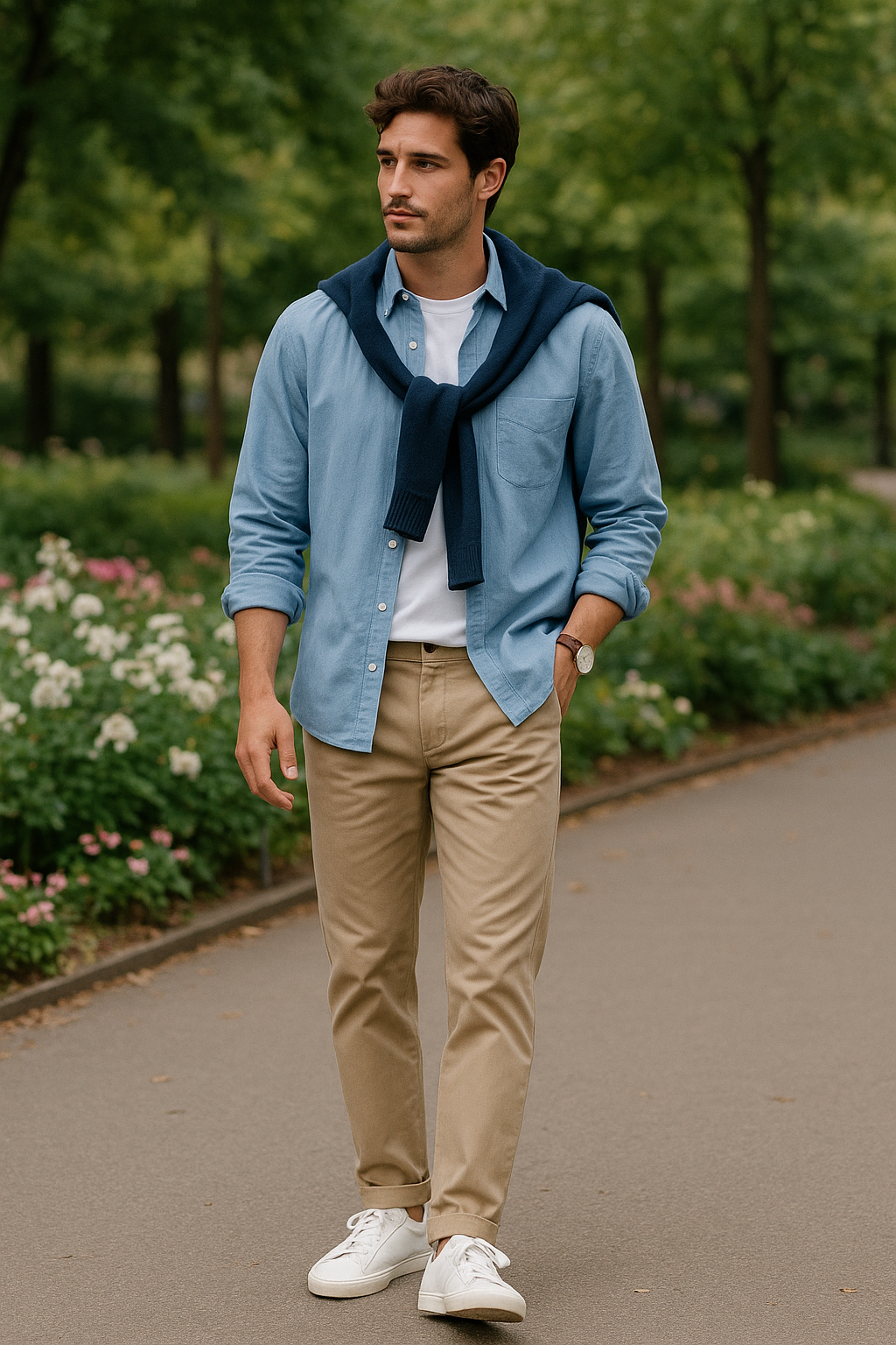 SKIPIKS AI 패션 화보 — casual, smart — 청량한 청색 셔츠에 남색 니트 스웨터를 가볍게 걸친 스타일이 멋스럽게 완성됩니다. 베이지색 치노 팬츠와 흰색 스니커즈로 캐주얼하면서도 세련된 무