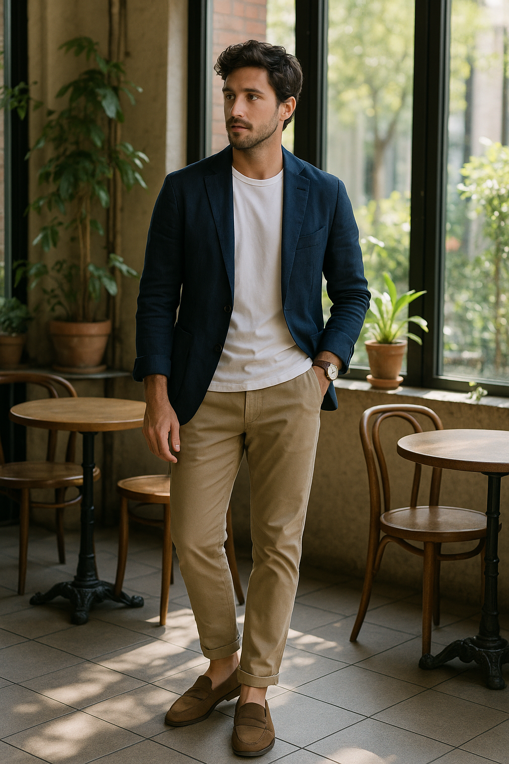 SKIPIKS AIファッション写真 — minimalist, dandy, smart_casual — ネイビーブレザーとベージュチノパンツの組み合わせは、クラシックでありながら洗練されたムードを演出します。ホワイトTシャツで清潔感を加え、ブラウンローファーで高級