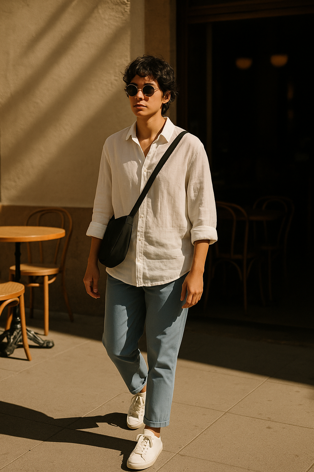 SKIPIKS AI 패션 화보 — minimalist, casual — 화이트 린넨 셔츠와 블루 데님 팬츠의 조화가 여유롭고 시원한 여름 무드를 완성합니다. 블랙 크로스백과 선글라스로 심플하면서도 스타일리시한 포인트