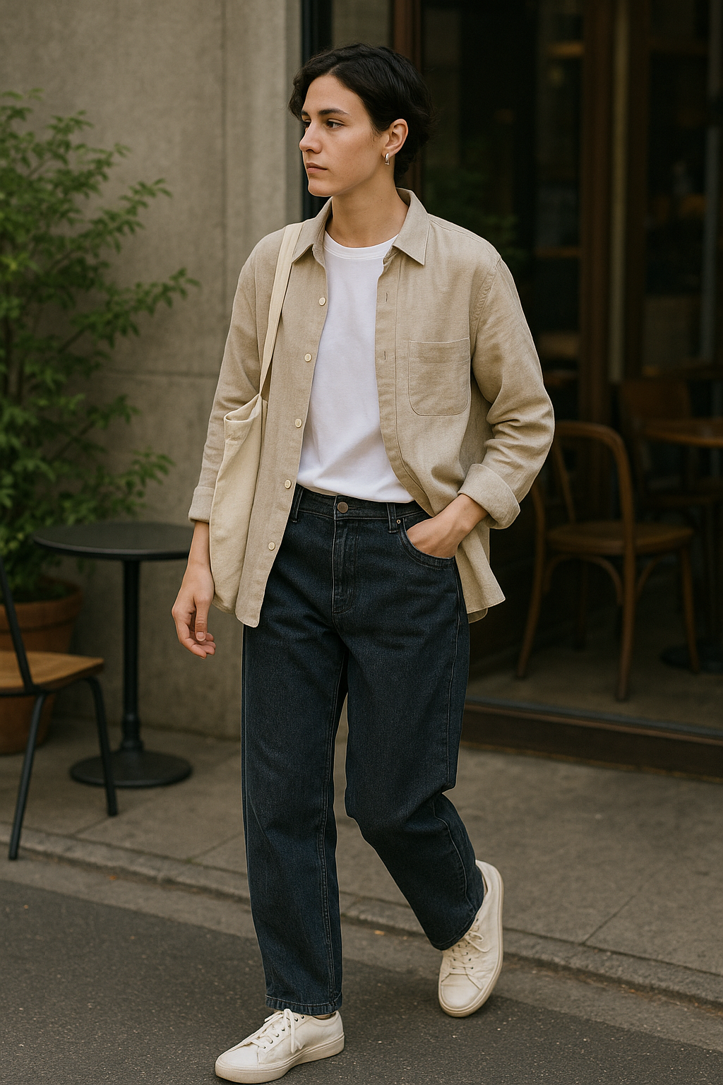 SKIPIKS AI时尚大片 — minimalist, casual — 米色衬衫和海军蓝牛仔裤的搭配营造出简单而优雅的氛围。明亮的米色衬衫与白色T恤叠穿，增添了清新的感觉。推荐作为日常穿搭，搭配白色运动鞋，干净利落。