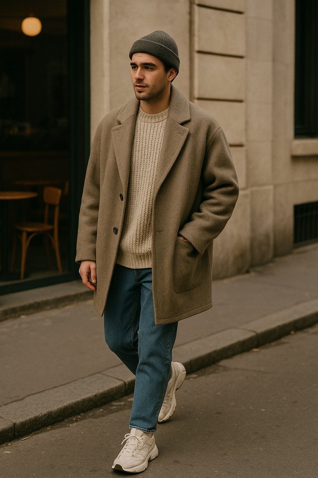 SKIPIKS AI时尚大片 — casual, cozy, urban — 用米色外套和针织毛衣营造温暖柔和的氛围。搭配蓝色牛仔裤和白色运动鞋，营造休闲气息，完成舒适的造型。这套装扮非常适合轻松出门或周末的早午餐。