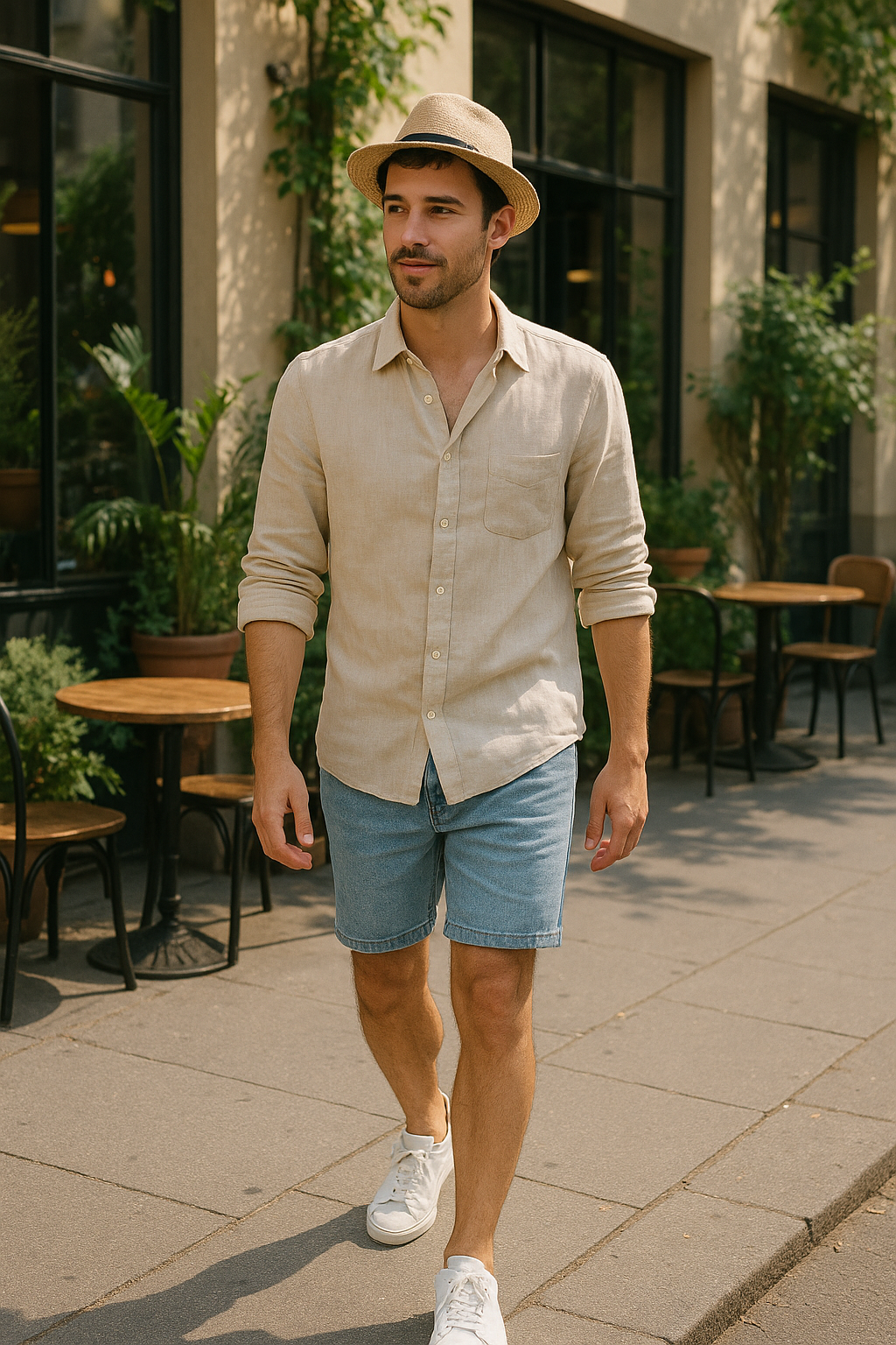 SKIPIKS AI 패션 화보 — casual, summerlook — 베이지 린넨 셔츠와 청데님 반바지가 어우러져 여름철 시원한 감성을 자아냅니다. 페도라 모자는 캐주얼한 무드를 강조하며, 화이트 스니커즈로 깔끔한