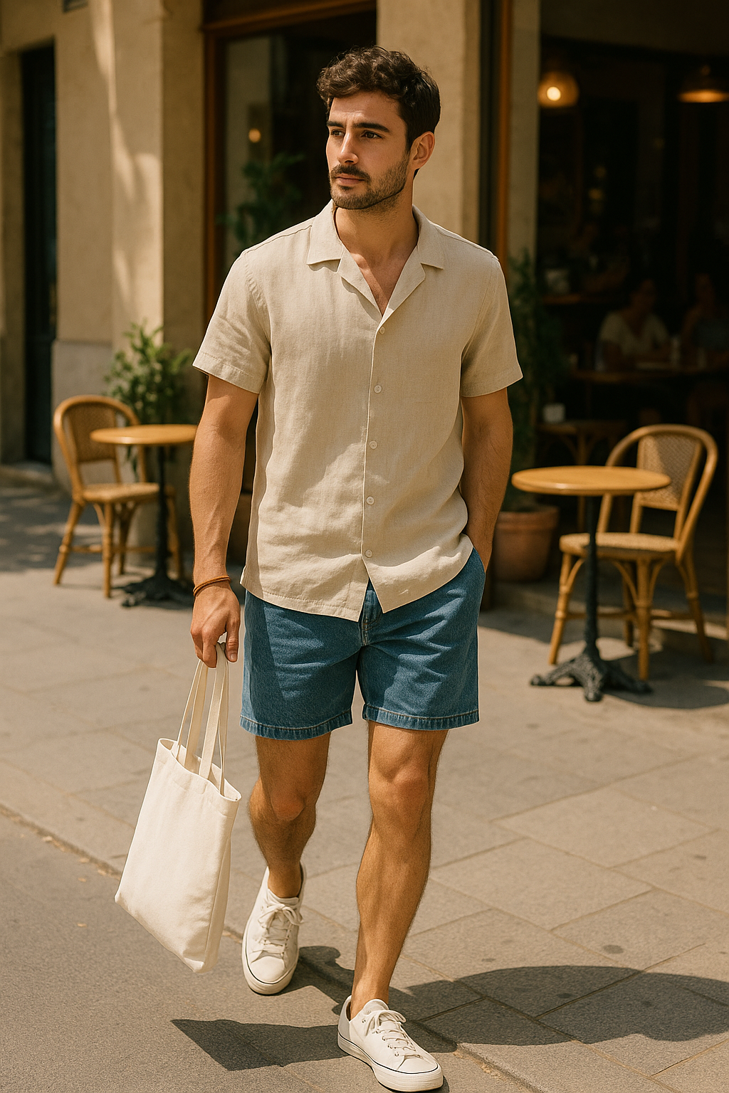 SKIPIKS AI 패션 화보 — minimalist, casual — 베이지 린넨 셔츠와 블루 데님 반바지가 시원하고 캐주얼한 분위기를 연출해요. 기본 화이트 운동화와 에코백을 매치하면 편안하면서도 스타일리시한 썸