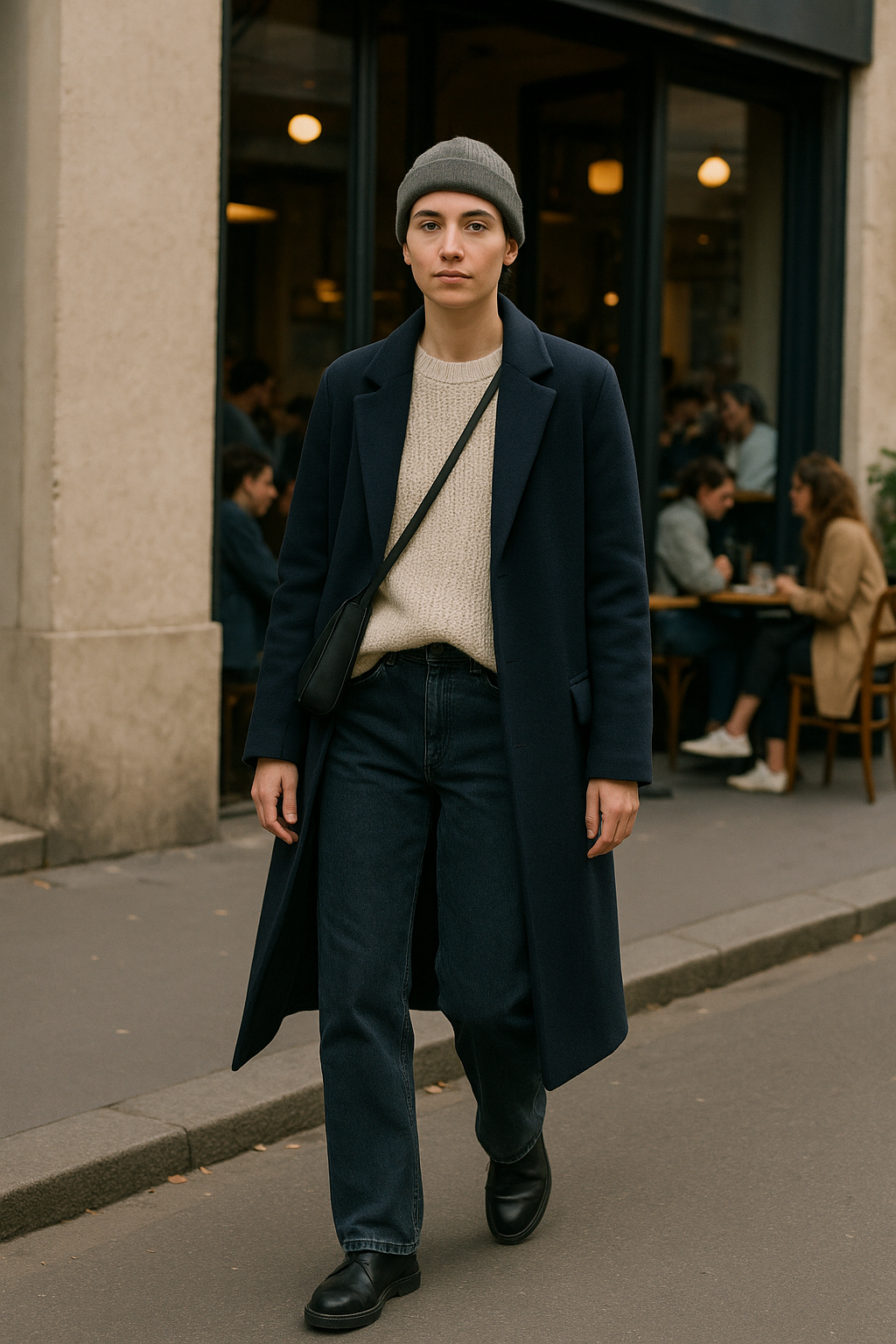 SKIPIKS AI 패션 화보 — minimalist, casual — 네이비 코트와 크림색 니트 스웨터로 클래식하고 포근한 무드를 연출해보세요. 데님 팬츠와 블랙 앵클 부츠를 매치해 날렵한 실루엣을 강조하며, 회색