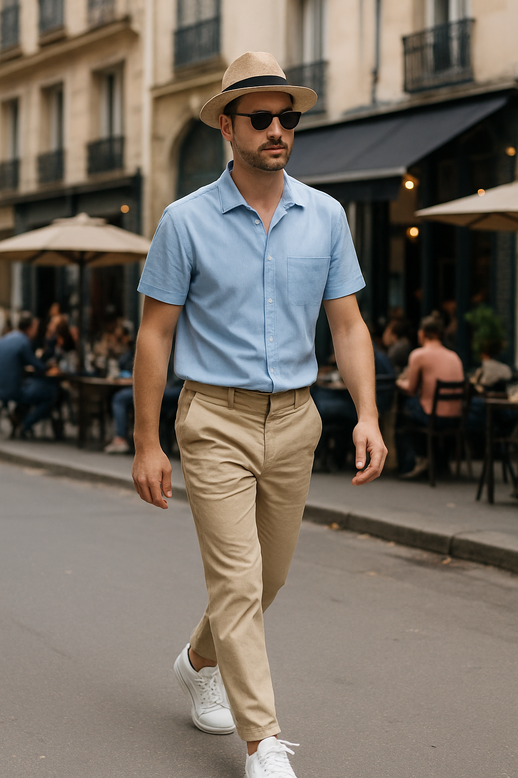 SKIPIKS AI 패션 화보 — minimalist, casual — 하늘색 셔츠와 베이지 바지가 조화로운 컬러감을 선사하는 깔끔한 여름 룩입니다. 페도라와 선글라스를 매치하여 도시적인 느낌을 더하는 것을 추천해요