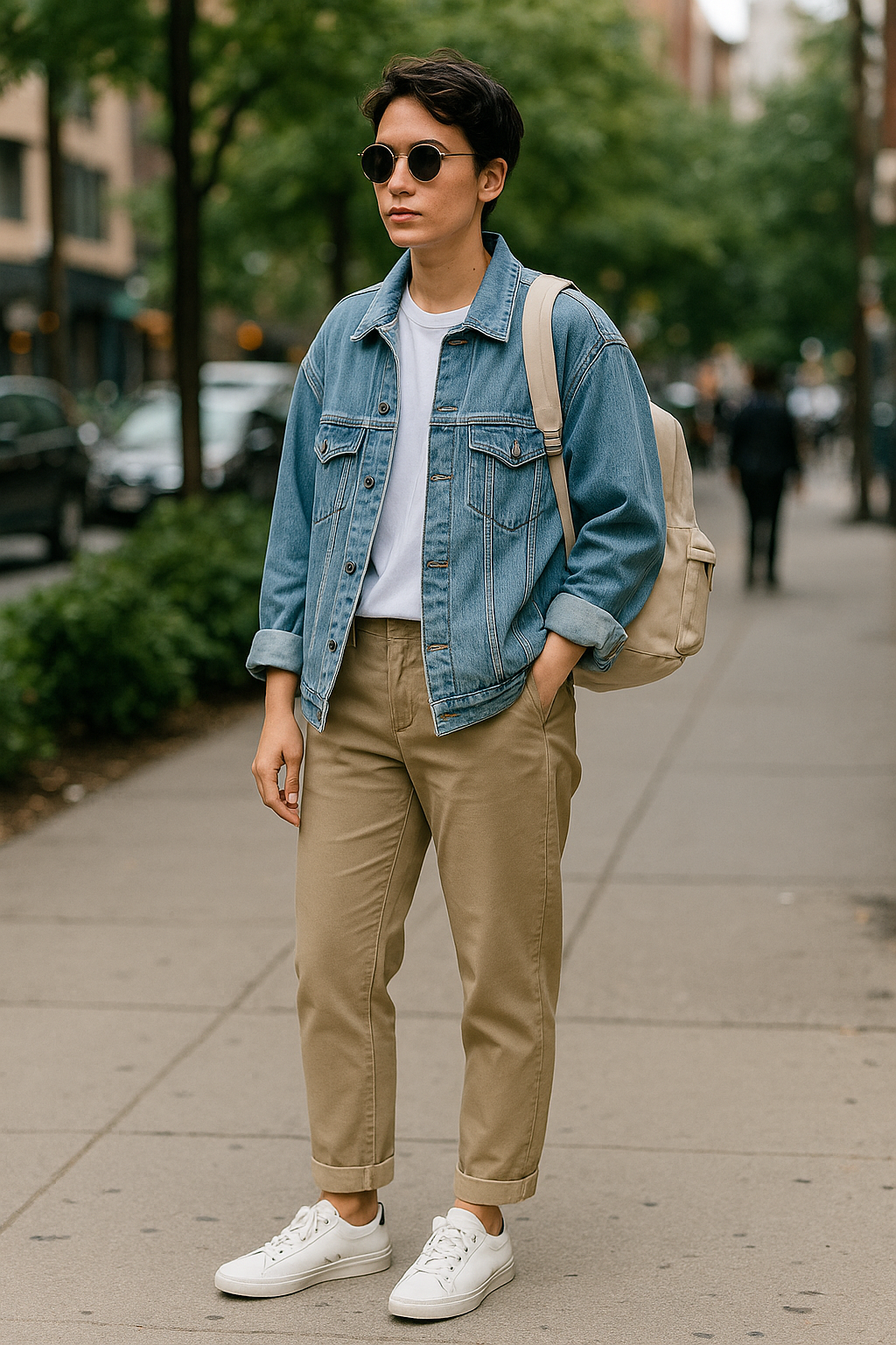 SKIPIKS AI 패션 화보 — casual, streetwear — 청량한 청색 데님 재킷과 카키색 바지의 조합이 세련되면서도 캐주얼한 무드를 완성해줍니다. 가벼운 흰색 티셔츠와 스니커즈로 스타일을 더욱 편안하게