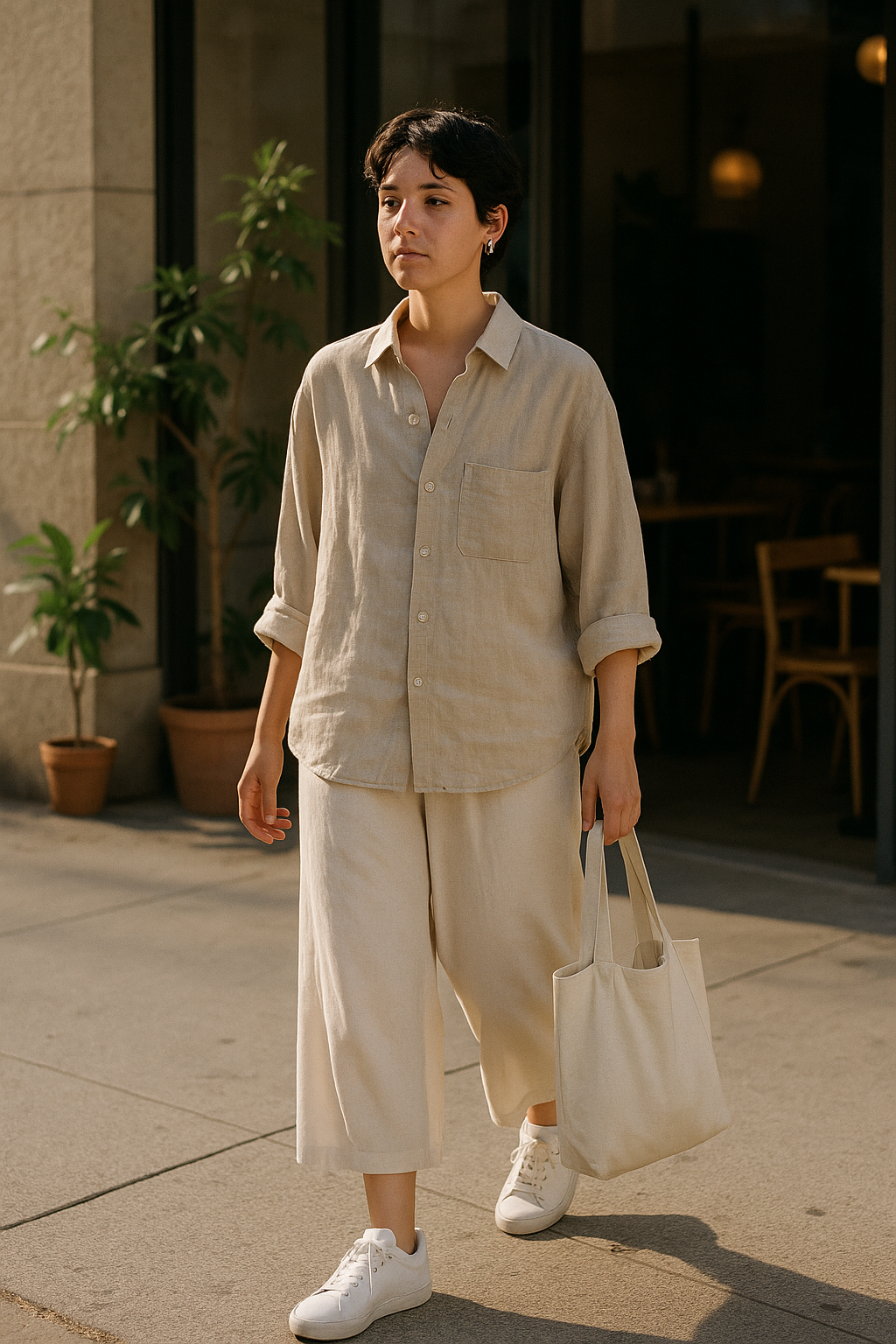 SKIPIKS AI 패션 화보 — minimalist, casual — 베이지 톤의 린넨 셔츠와 와이드 팬츠가 부드러운 여름 무드를 완성합니다. 가벼운 캔버스 토트백과 깔끔한 화이트 스니커즈를 매치해 심플하고 편안한