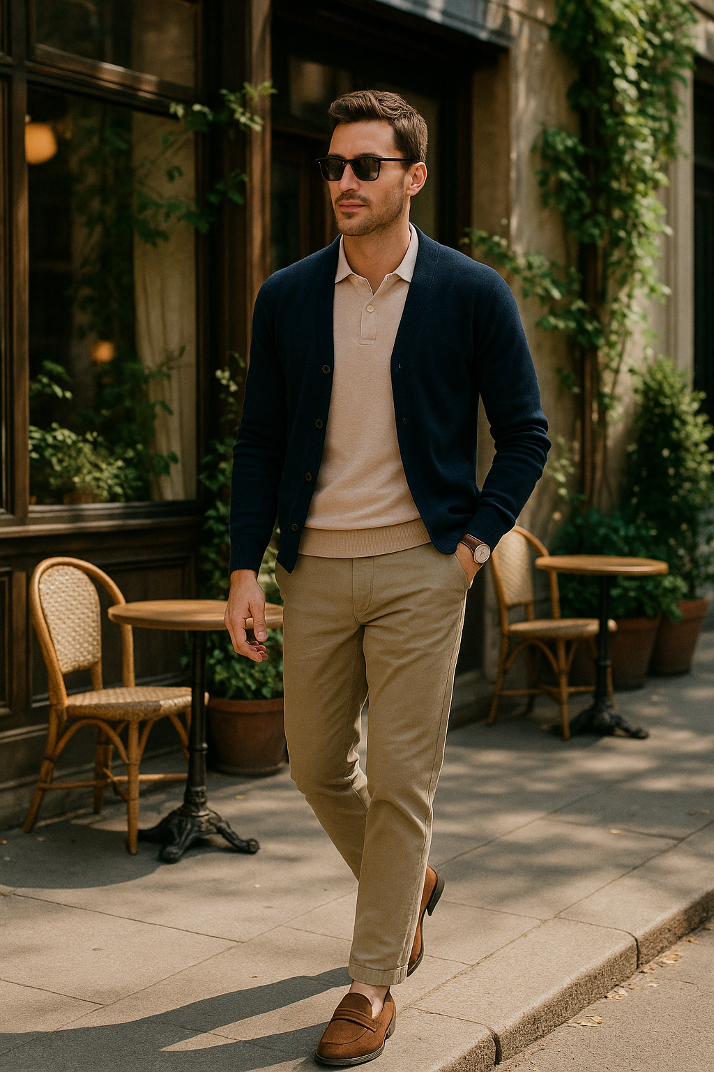 SKIPIKS AI 패션 화보 — casual, business_casual, minimalist — 네이비 카디건과 베이지 톤 아이템들이 어우러져 세련된 도시적인 무드를 연출합니다. 카디건과 치노 팬츠의 조합은 비즈니스 캐주얼 룩으로도 손색이 