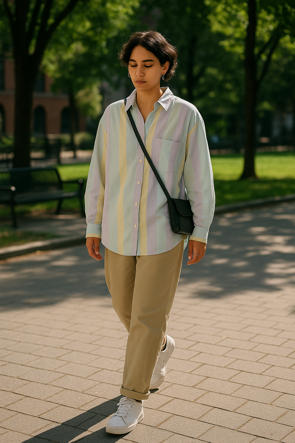 SKIPIKS AI 패션 화보 — smartcasual, colorful — 파스텔 컬러의 줄무늬 셔츠가 상큼하면서도 편안한 무드를 자아내요. 베이지 치노 팬츠와 매치하면 클래식하면서도 세련된 느낌을 완성할 수 있어요. 