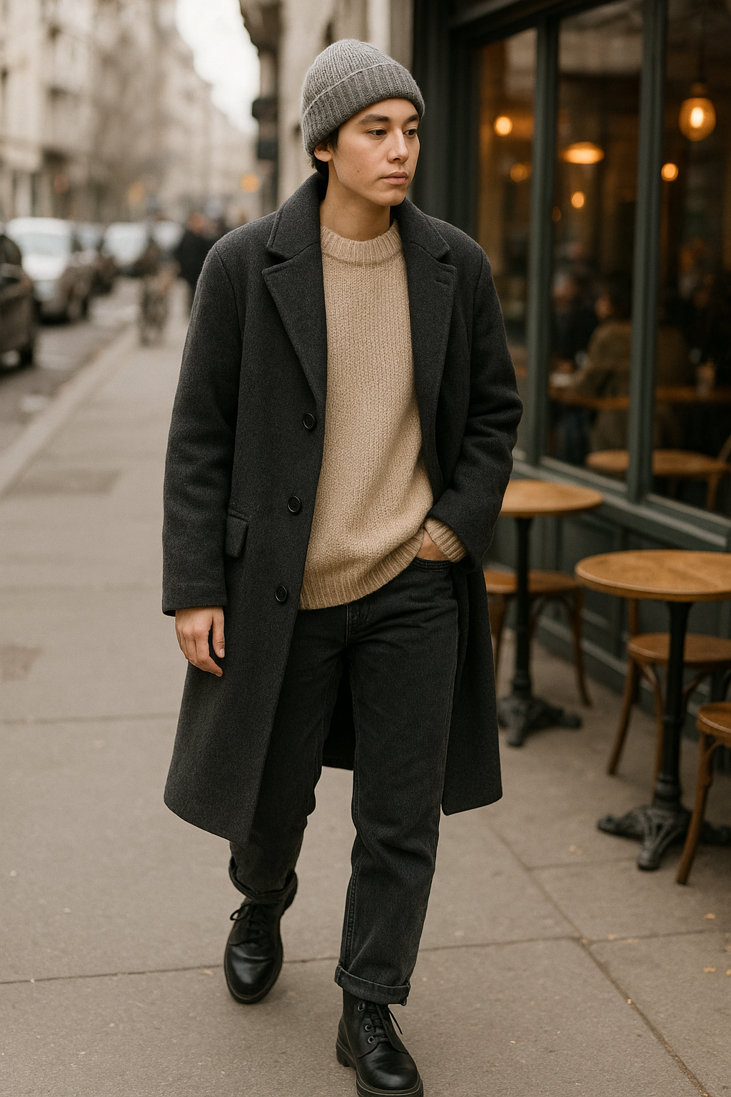 SKIPIKS AI 패션 화보 — minimalist, urban — 짙은 회색의 울 코트와 베이지 니트가 조화를 이루며 세련된 겨울 패션을 완성합니다. 데님과 가죽 부츠를 매치해 도시적이고 멋스러운 룩을 연출해 