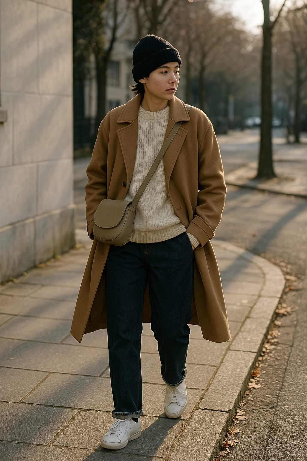 SKIPIKS AI 패션 화보 — minimalist, casual — 베이지 코트와 크림 색상의 니트 스웨터가 어우러져 따뜻하고 부드러운 무드를 연출해요. 네이비 진과 화이트 운동화로 캐주얼한 스타일링을 완성했습니